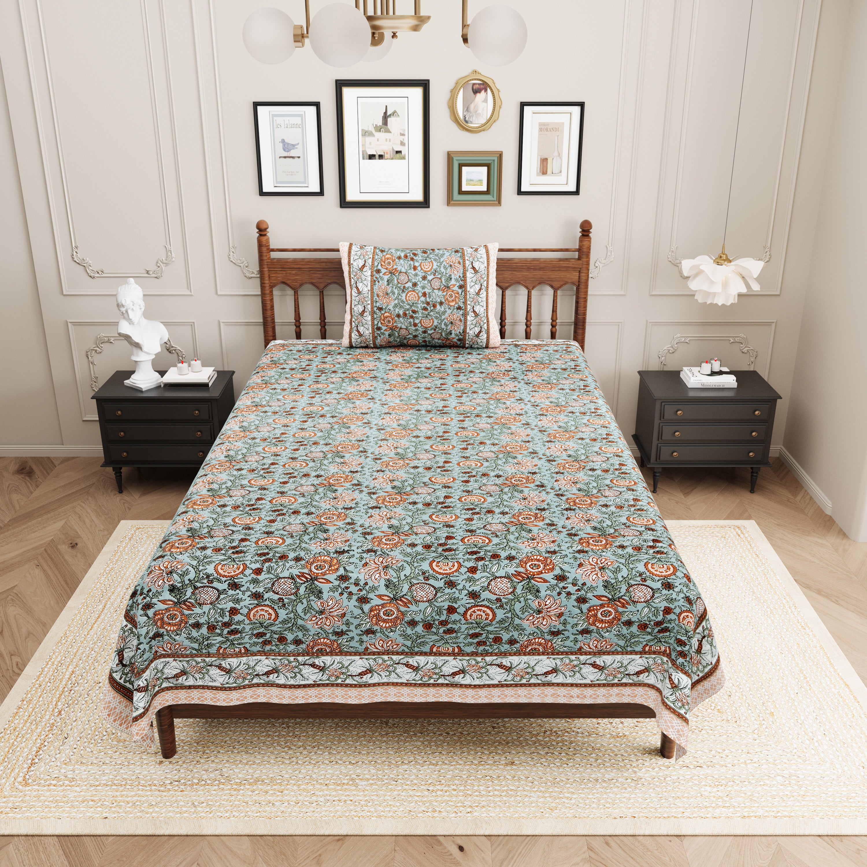 Vintage Botanical Printed Single Bedsheet- Sage Green (Pack of 2)