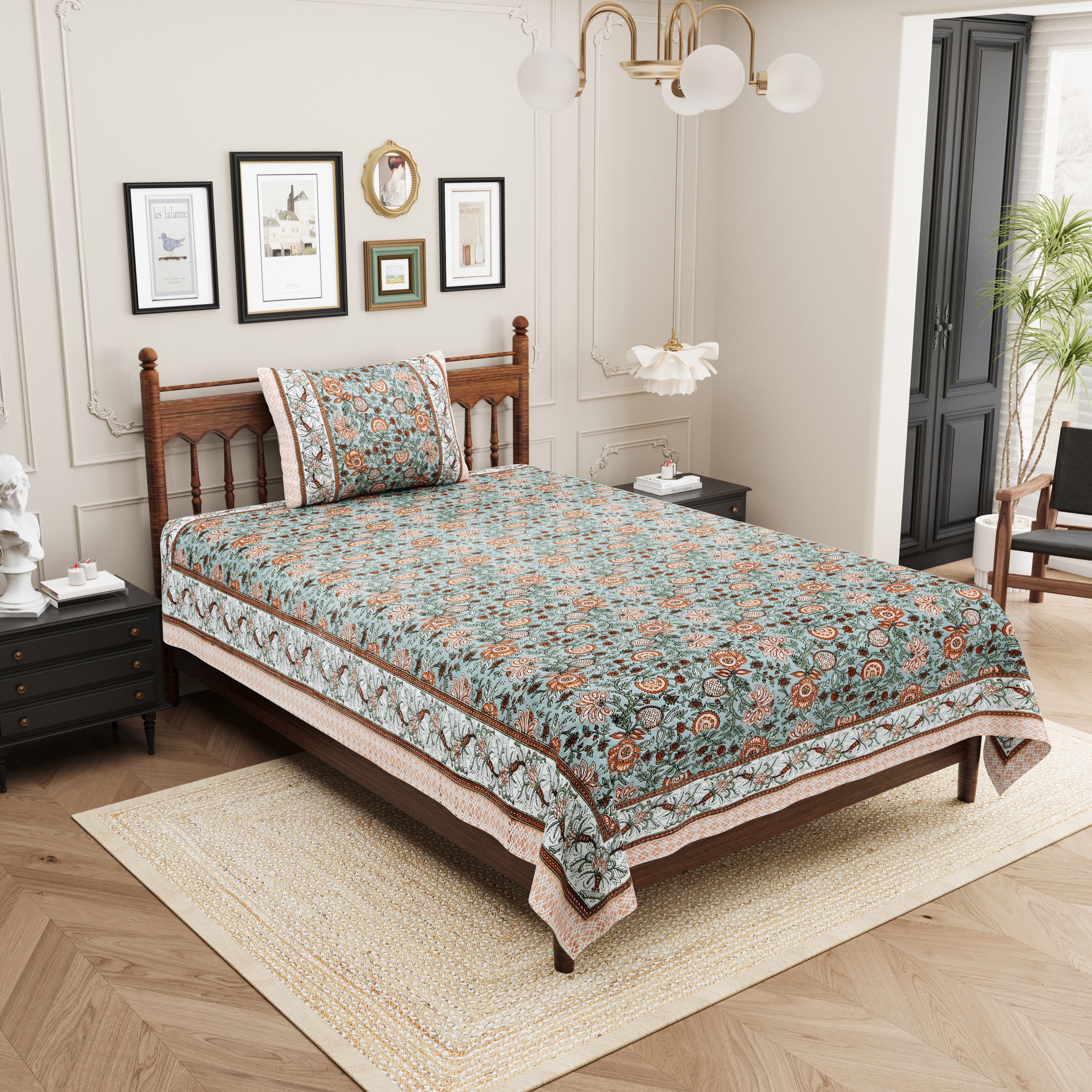 Vintage Botanical Printed Single Bedsheet- Sage Green (Pack of 2)