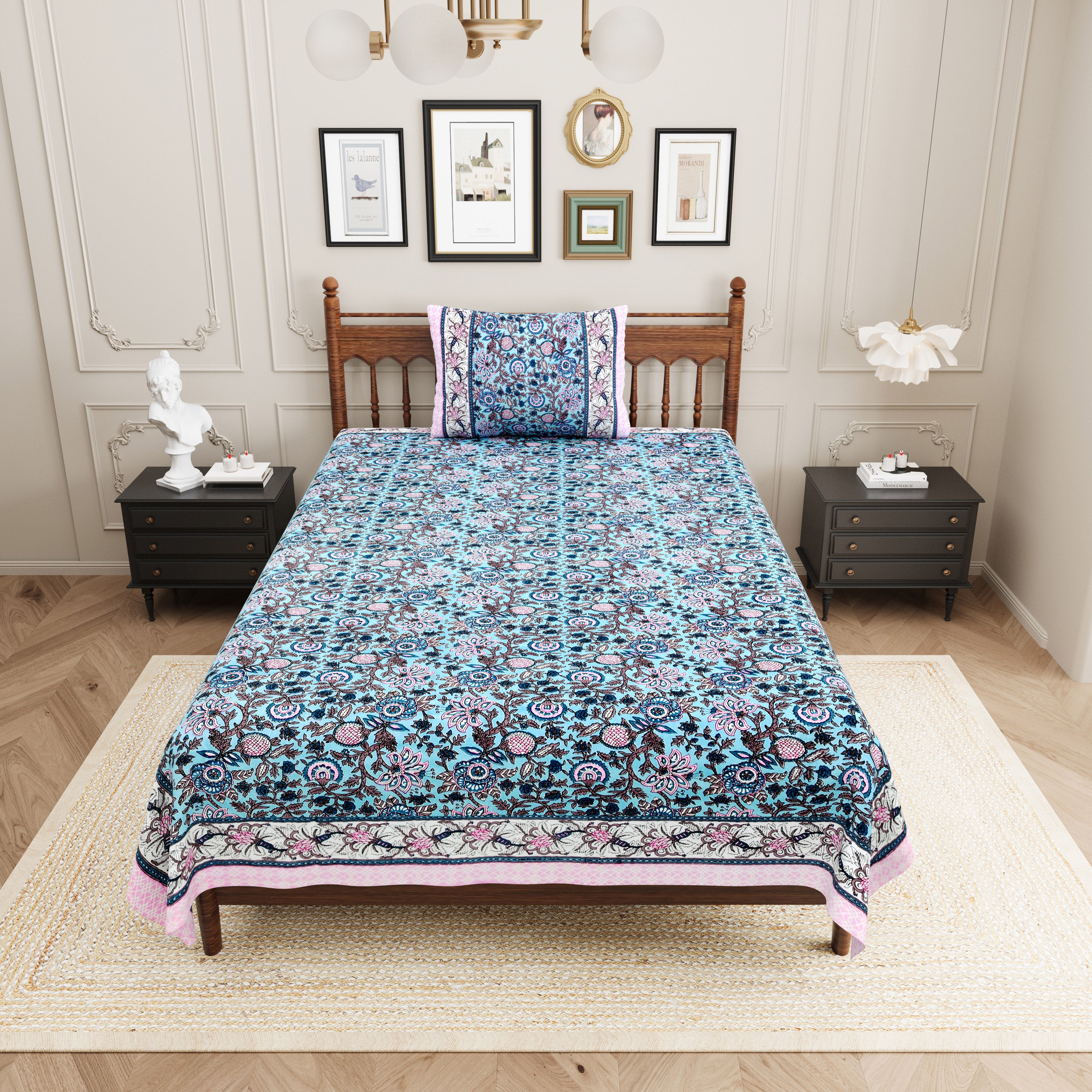 Vintage Botanical Printed Single Bedsheet- Sky Blue (Pack of 2)