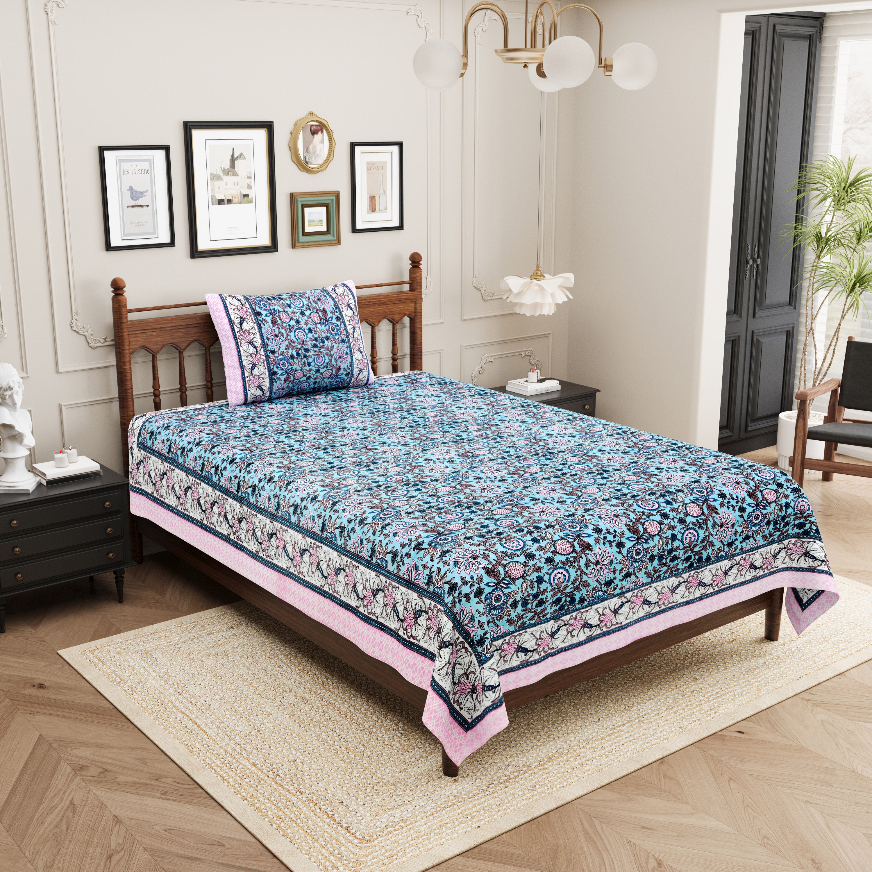Vintage Botanical Printed Single Bedsheet- Sky Blue (Pack of 2)
