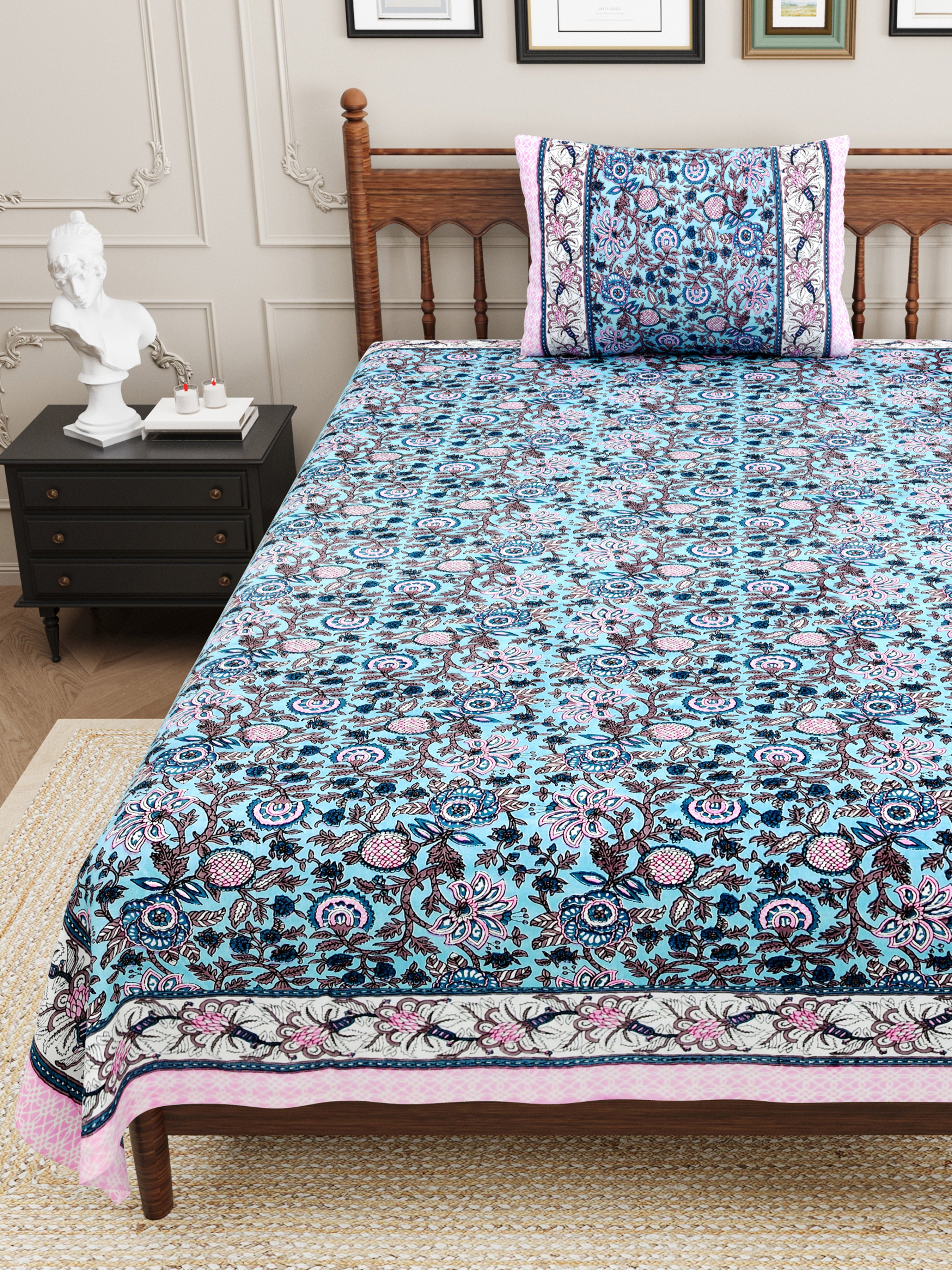 Vintage Botanical Printed Single Bedsheet- Sky Blue (Pack of 2)