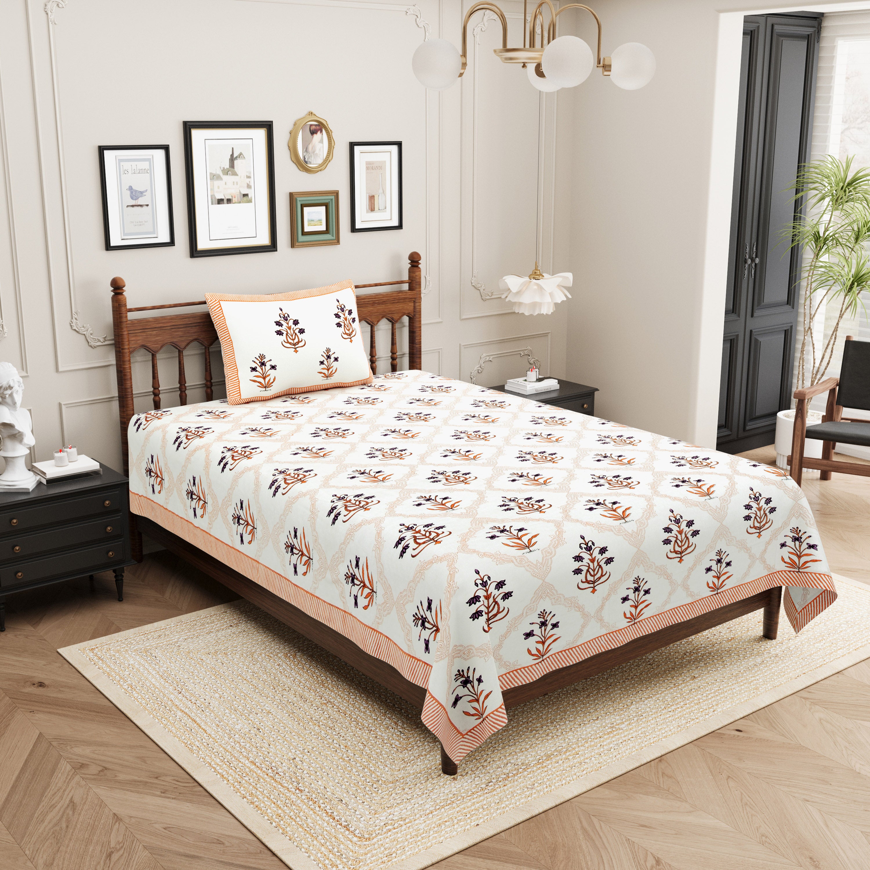 Block Printed Cotton Single Bedsheet- Orange (Pack of 2)