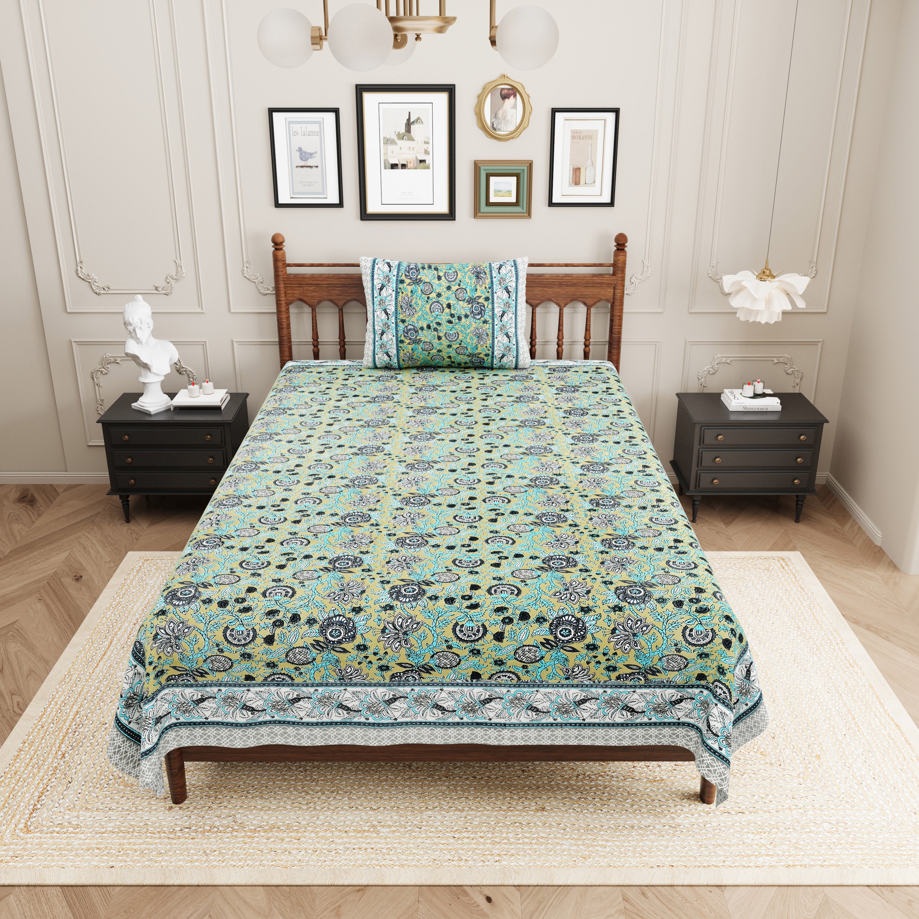 Vintage Botanical Printed Single Bedsheet- Mustard Olive (Pack of 2)