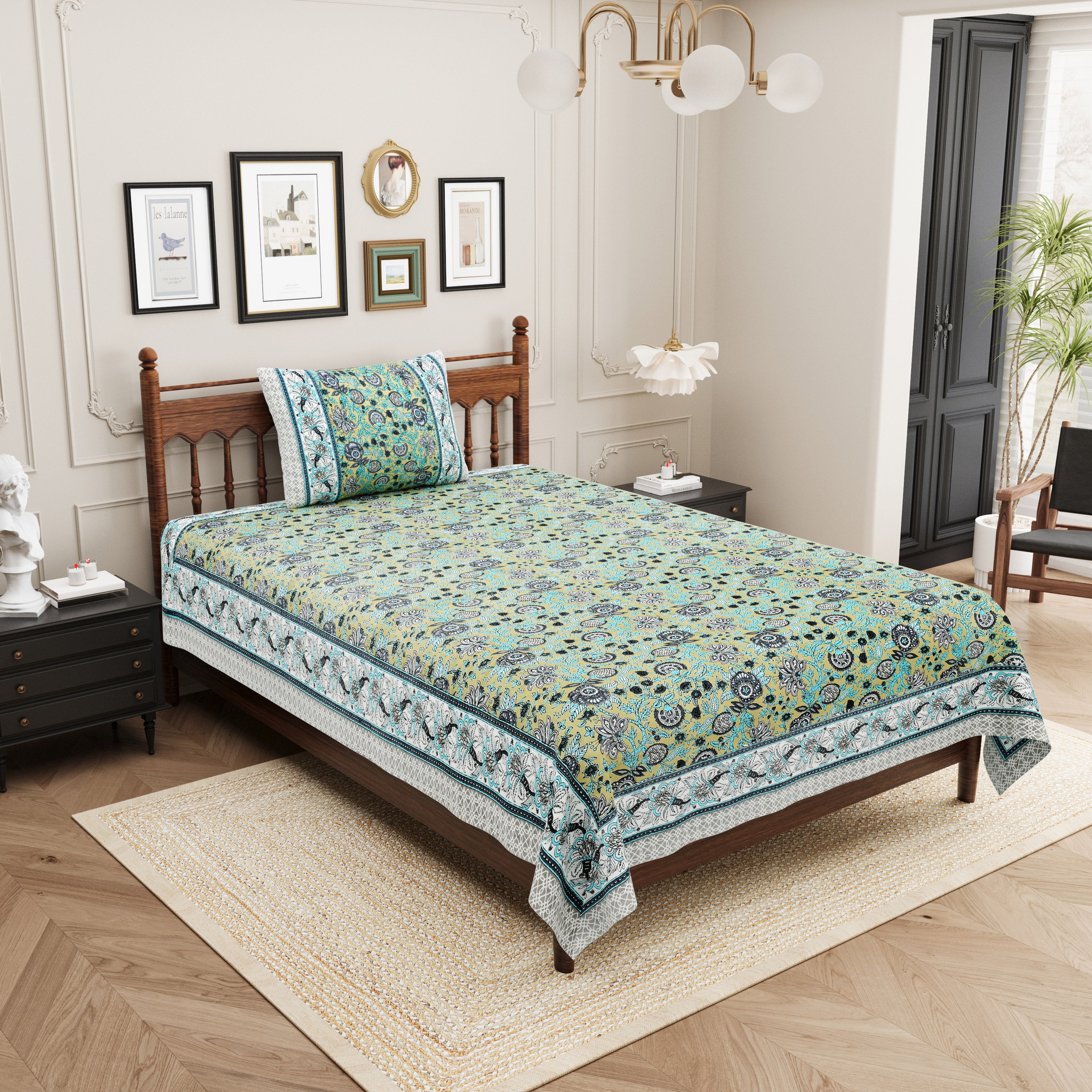 Vintage Botanical Printed Single Bedsheet- Mustard Olive (Pack of 2)