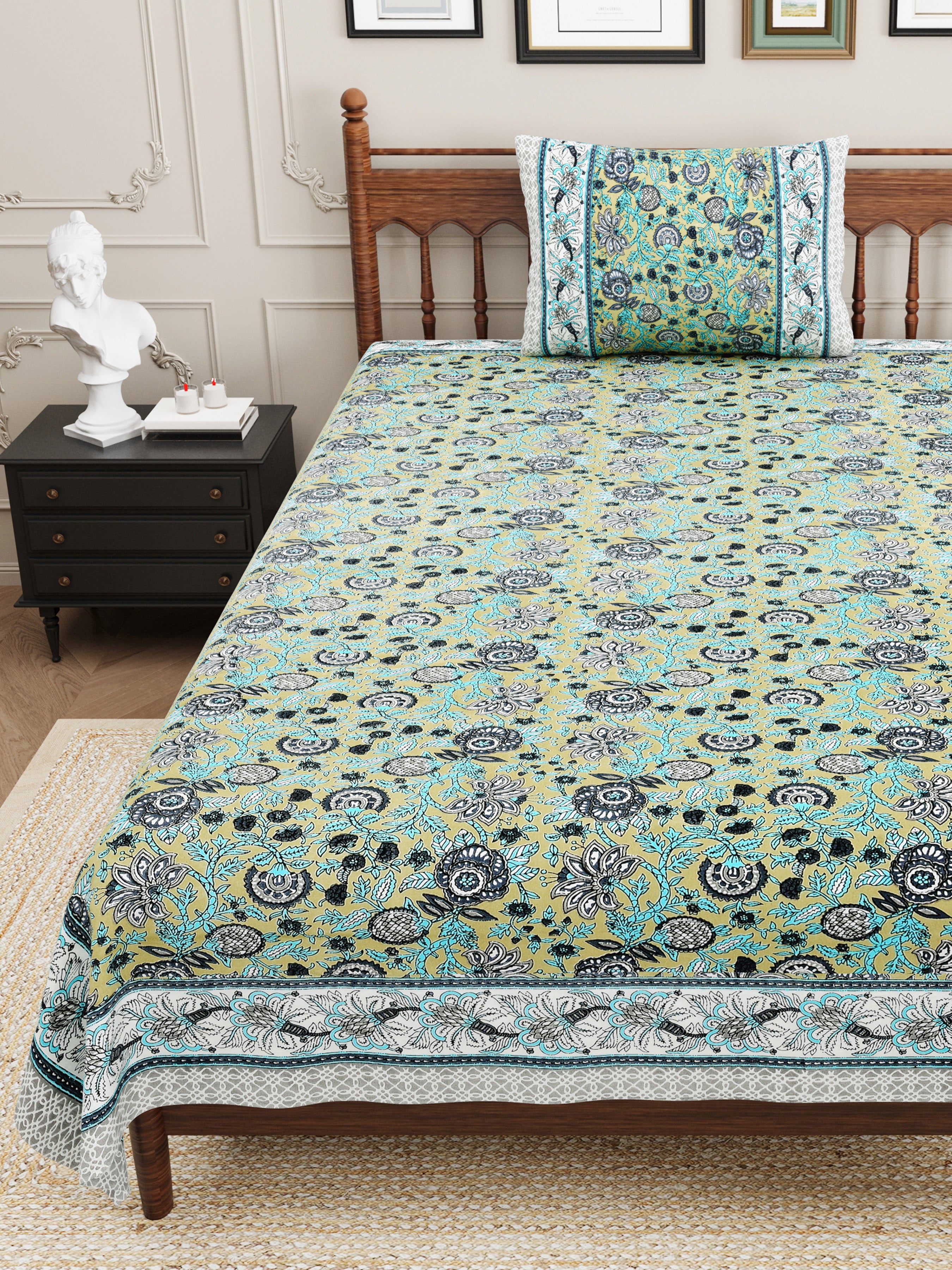 Vintage Botanical Printed Single Bedsheet- Mustard Olive (Pack of 2)