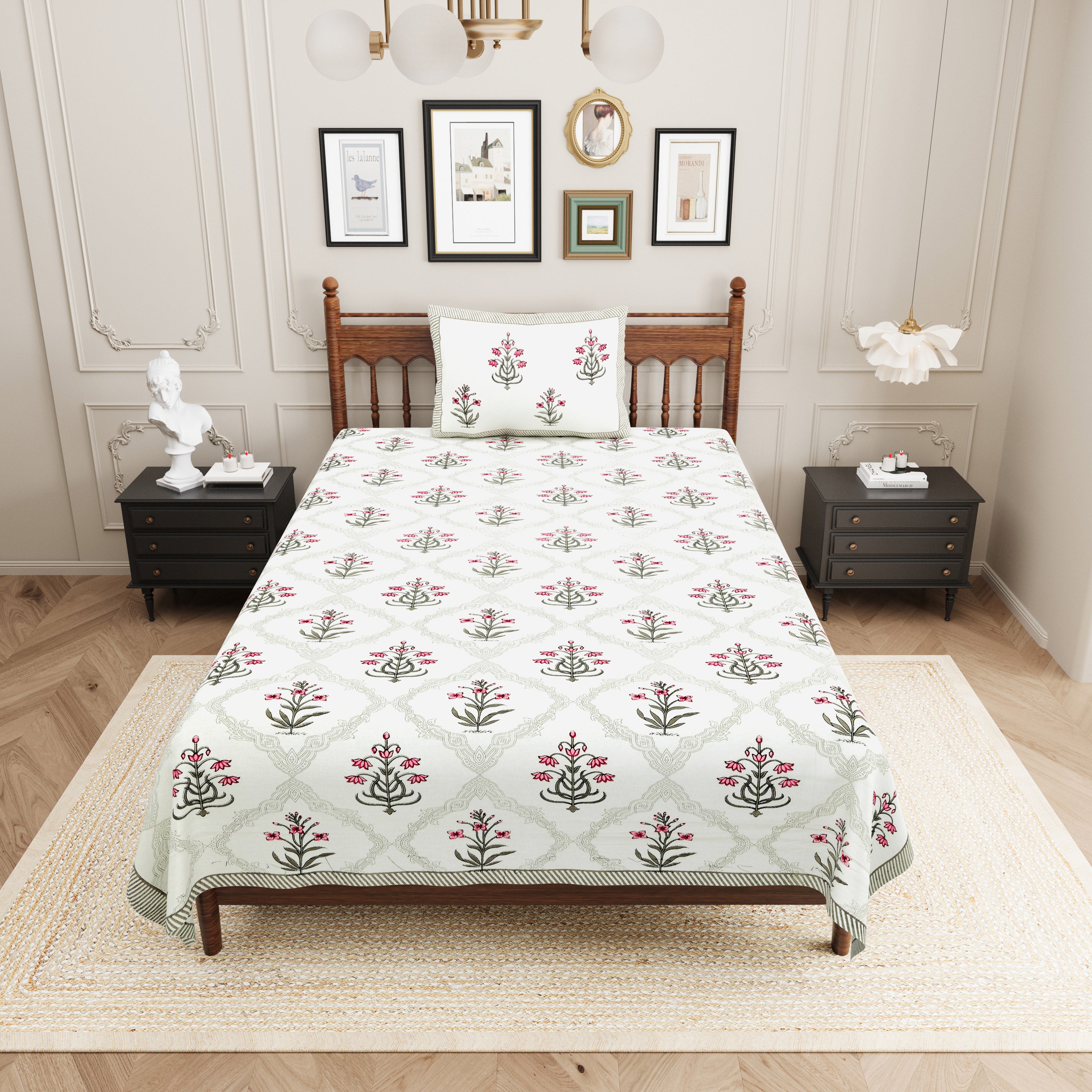 Block Printed Cotton Single Bedsheet- Grey & Pink (Pack of 2)