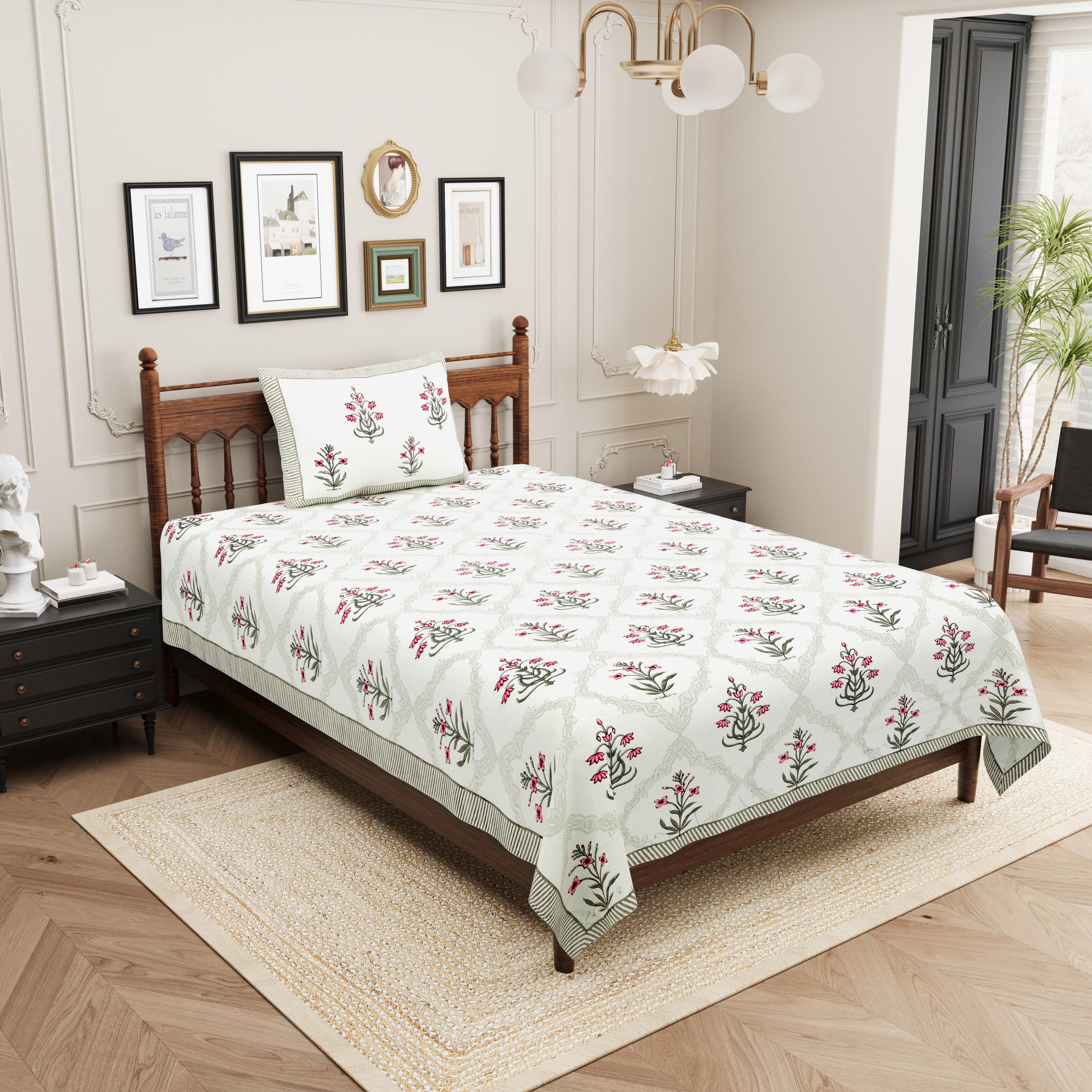 Block Printed Cotton Single Bedsheet- Grey & Pink (Pack of 2)