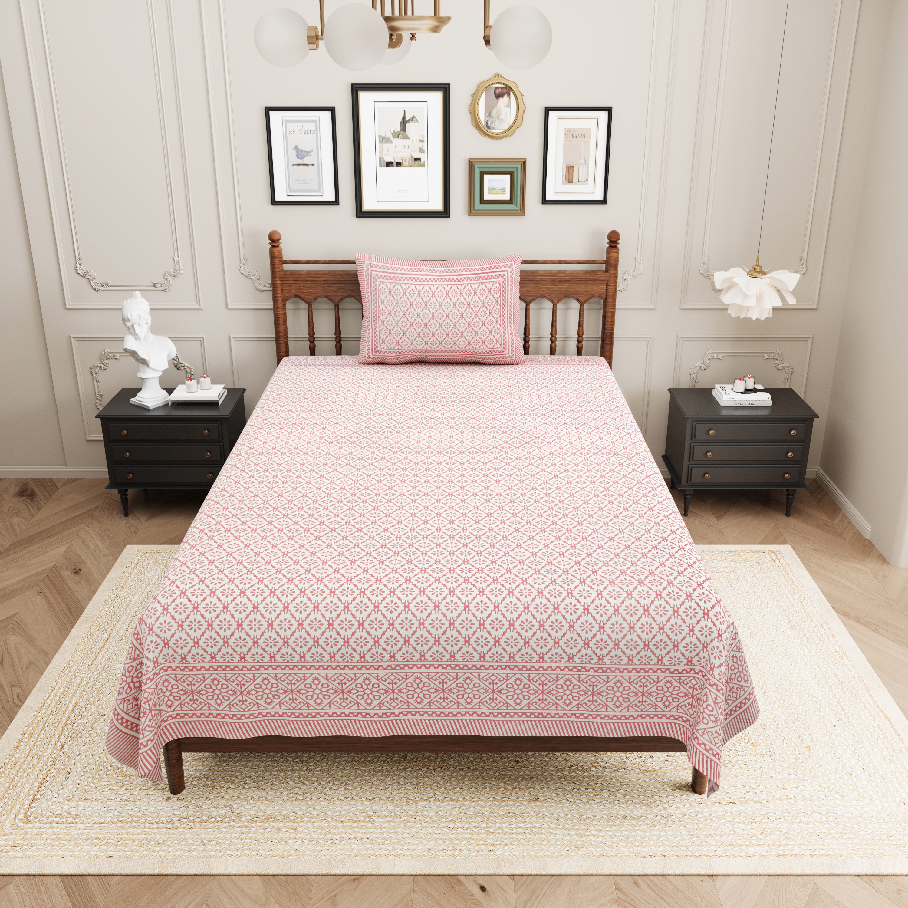 Basic Floral Cotton Single Bedsheet- Baby Pink (Pack of 2)