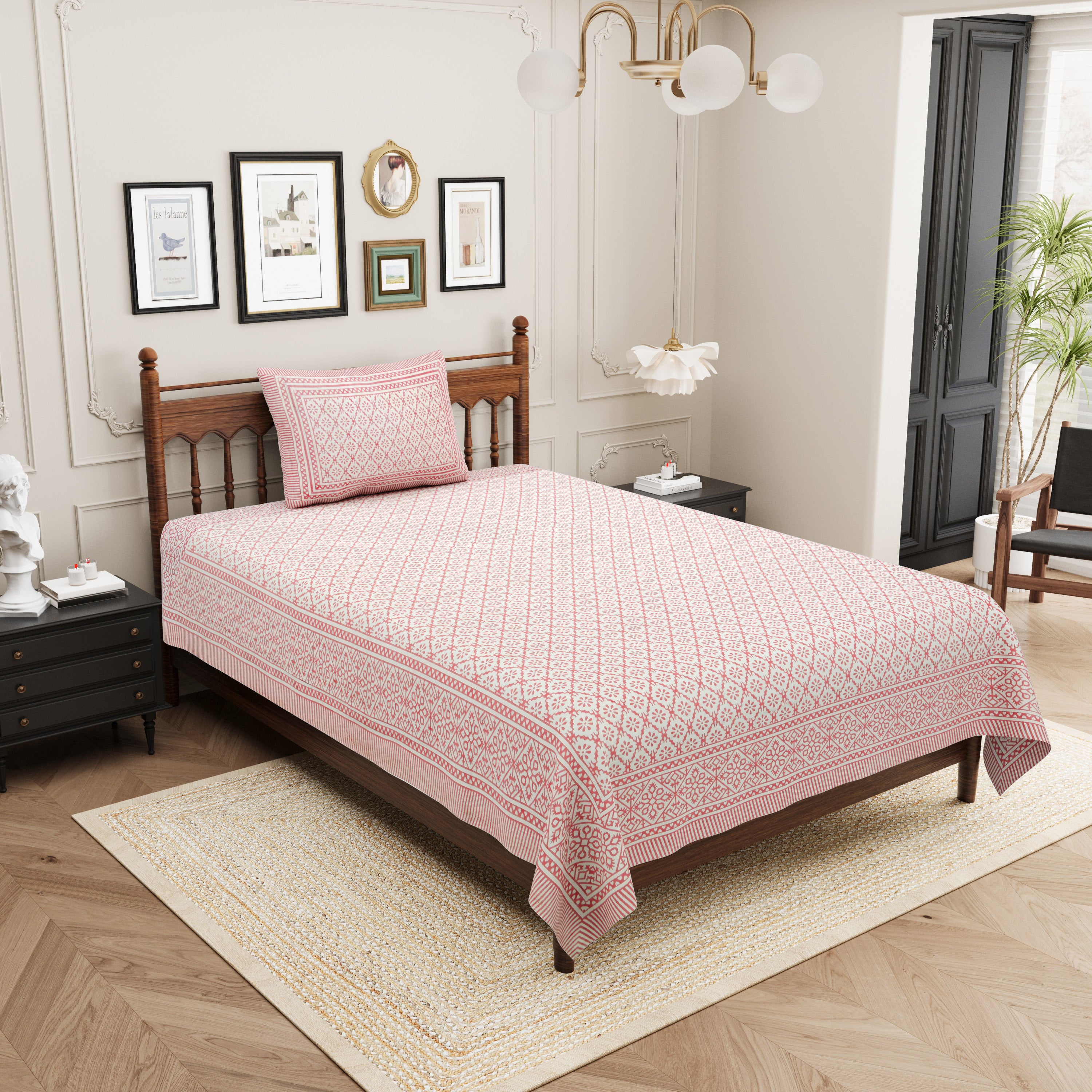 Basic Floral Cotton Single Bedsheet- Baby Pink (Pack of 2)
