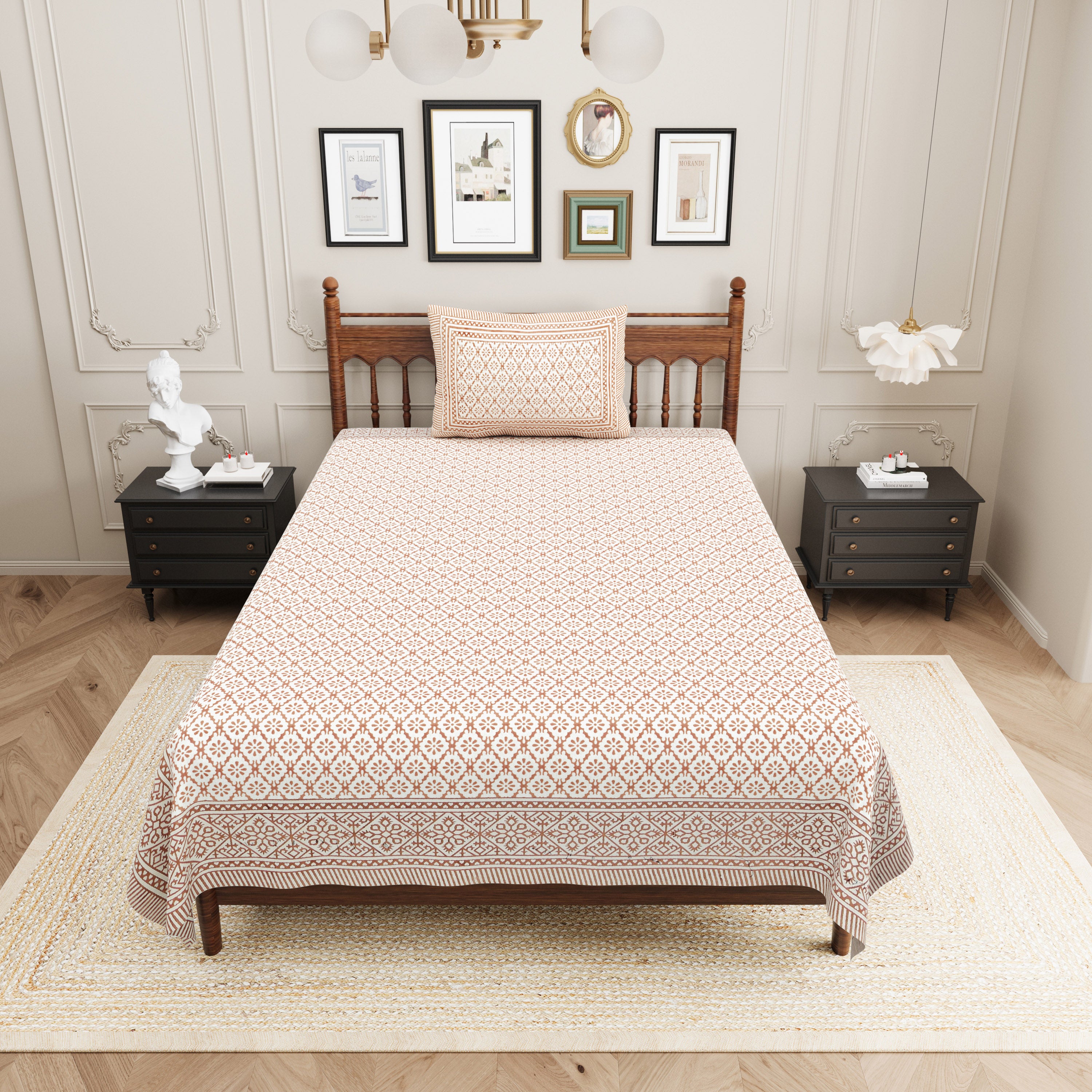 Basic Floral Cotton Single Bedsheet- Beige (Pack of 2)