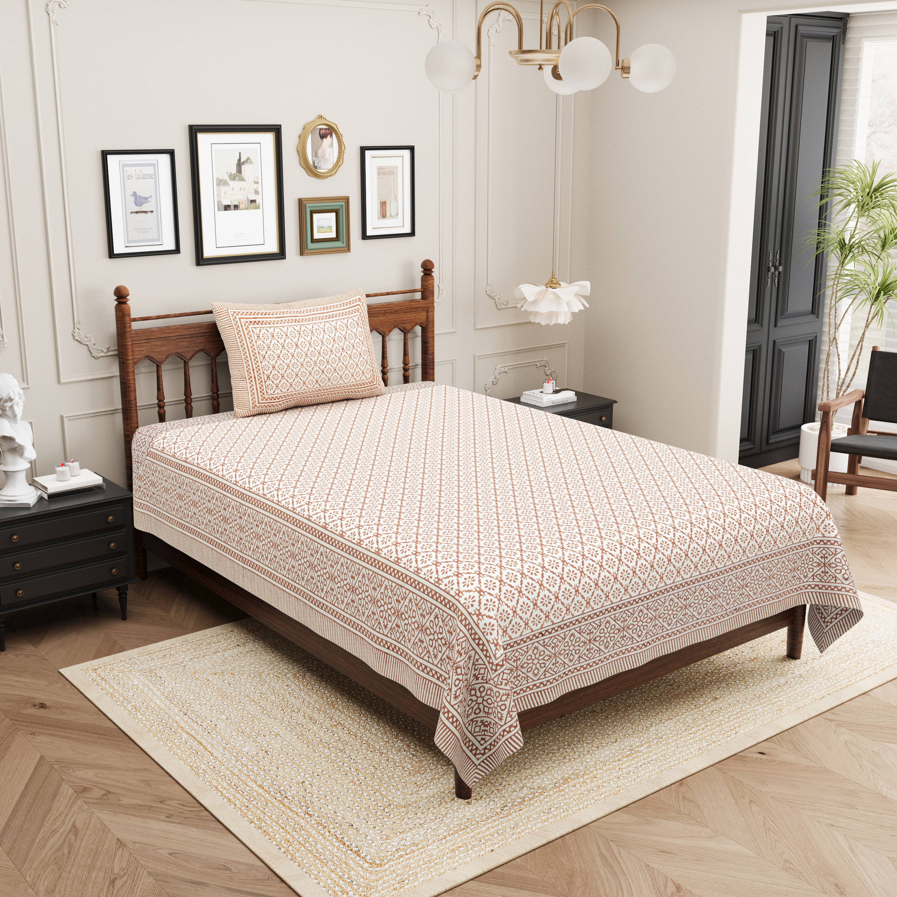 Basic Floral Cotton Single Bedsheet- Beige (Pack of 2)