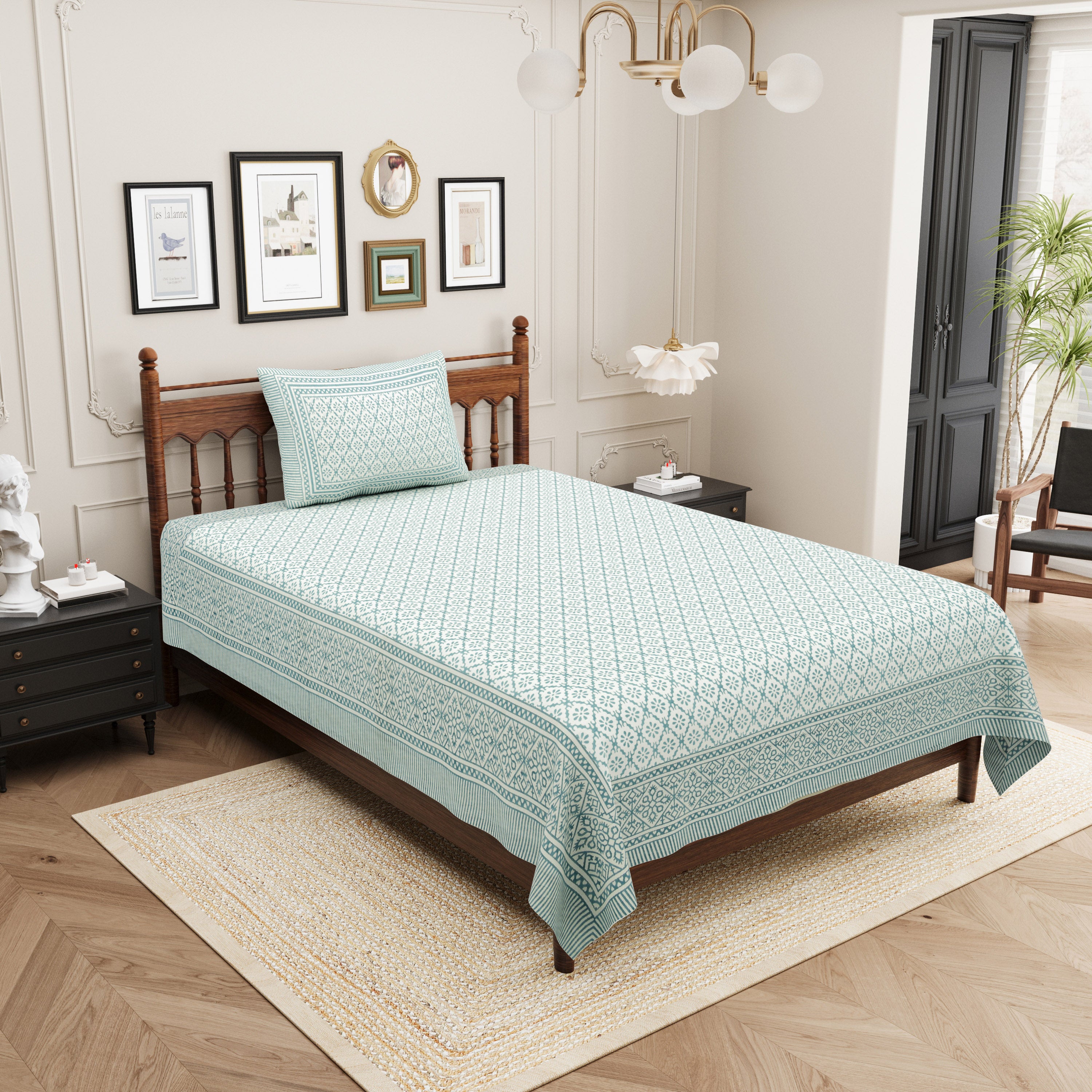 Basic Floral Cotton Single Bedsheet- Sea Green (Pack of 2)