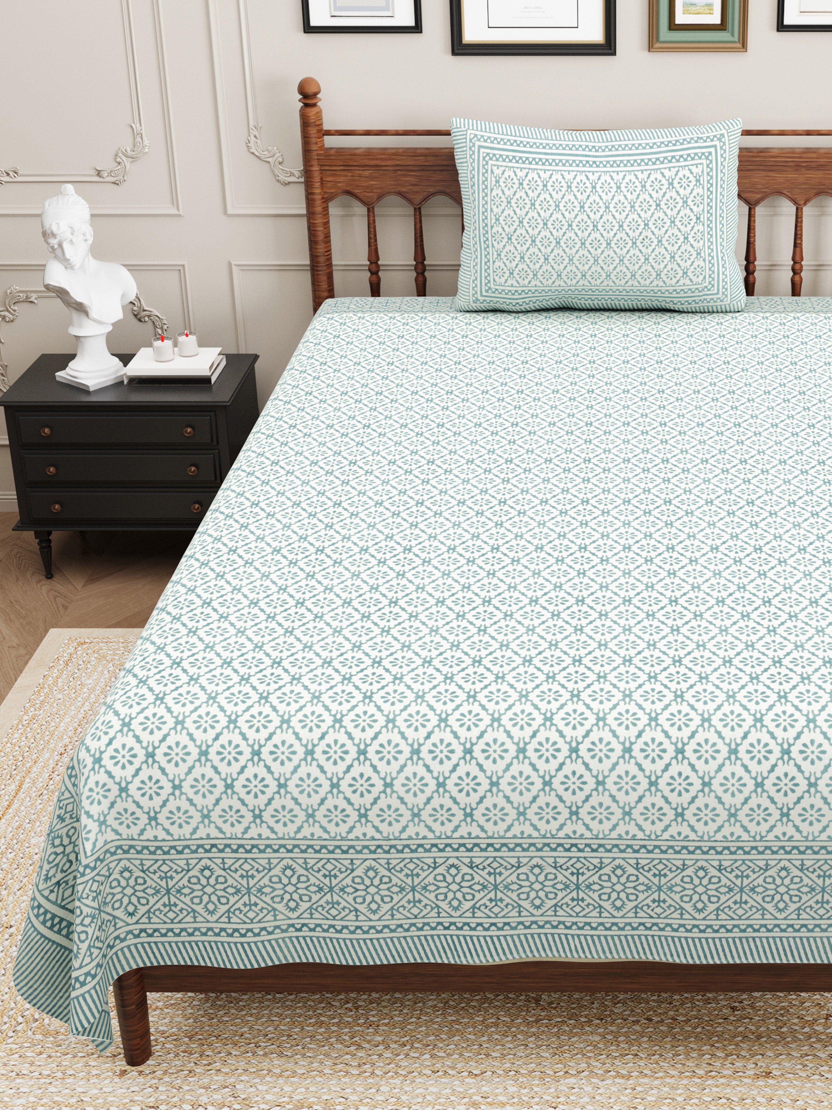Basic Floral Cotton Single Bedsheet- Sea Green (Pack of 2)
