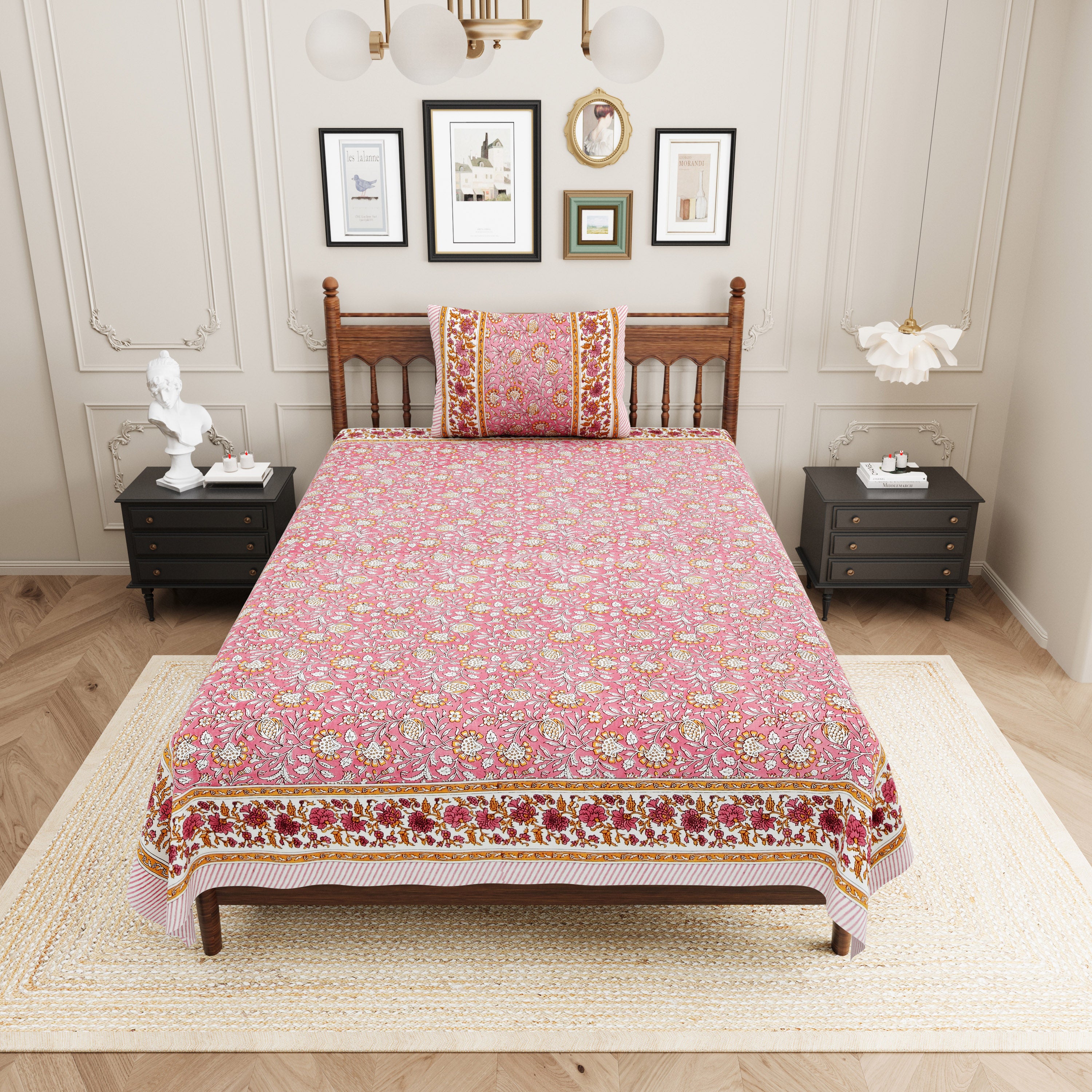 Floral Block-Printed Cotton Single Bedsheet- Rose Pink (Pack of 2)