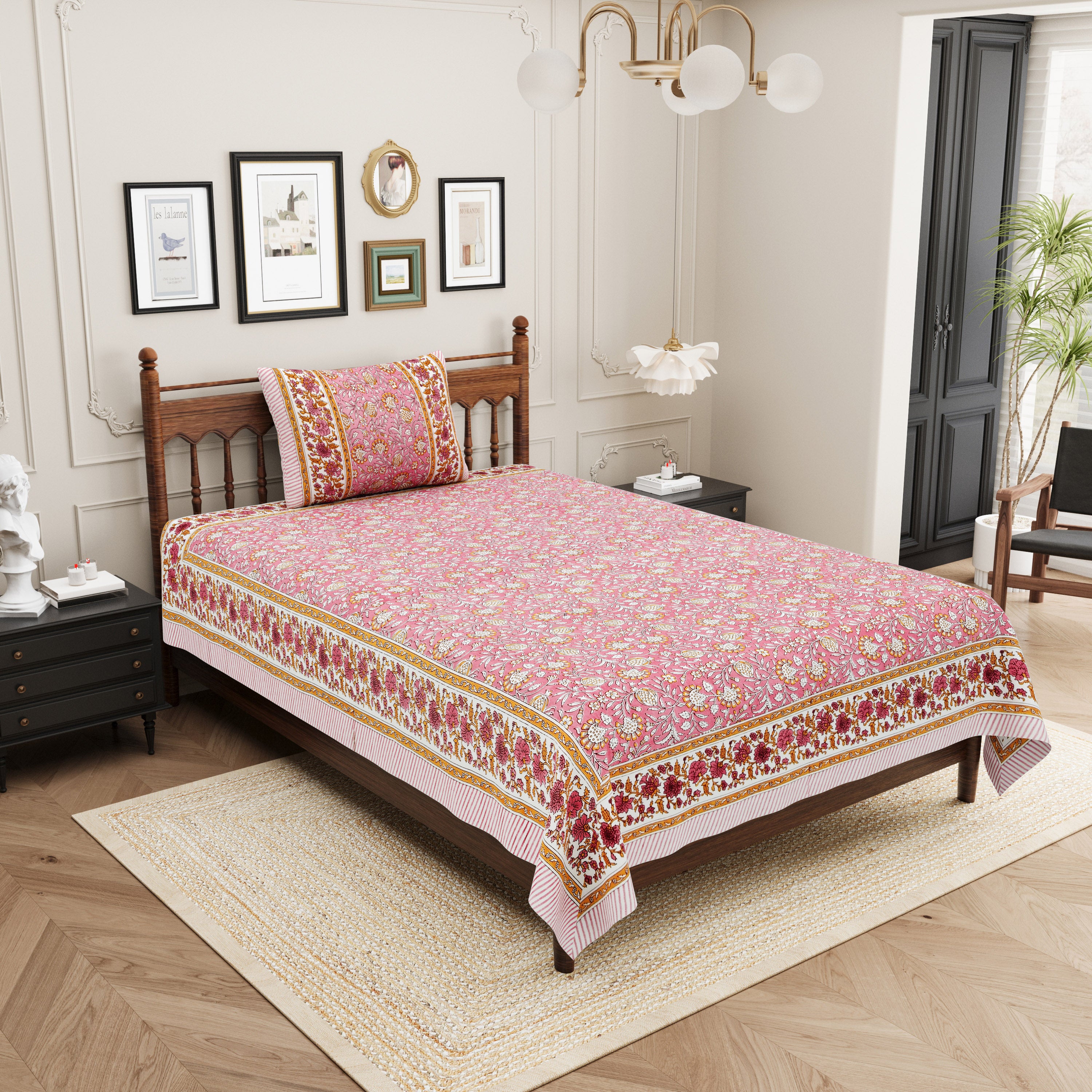 Floral Block-Printed Cotton Single Bedsheet- Rose Pink (Pack of 2)