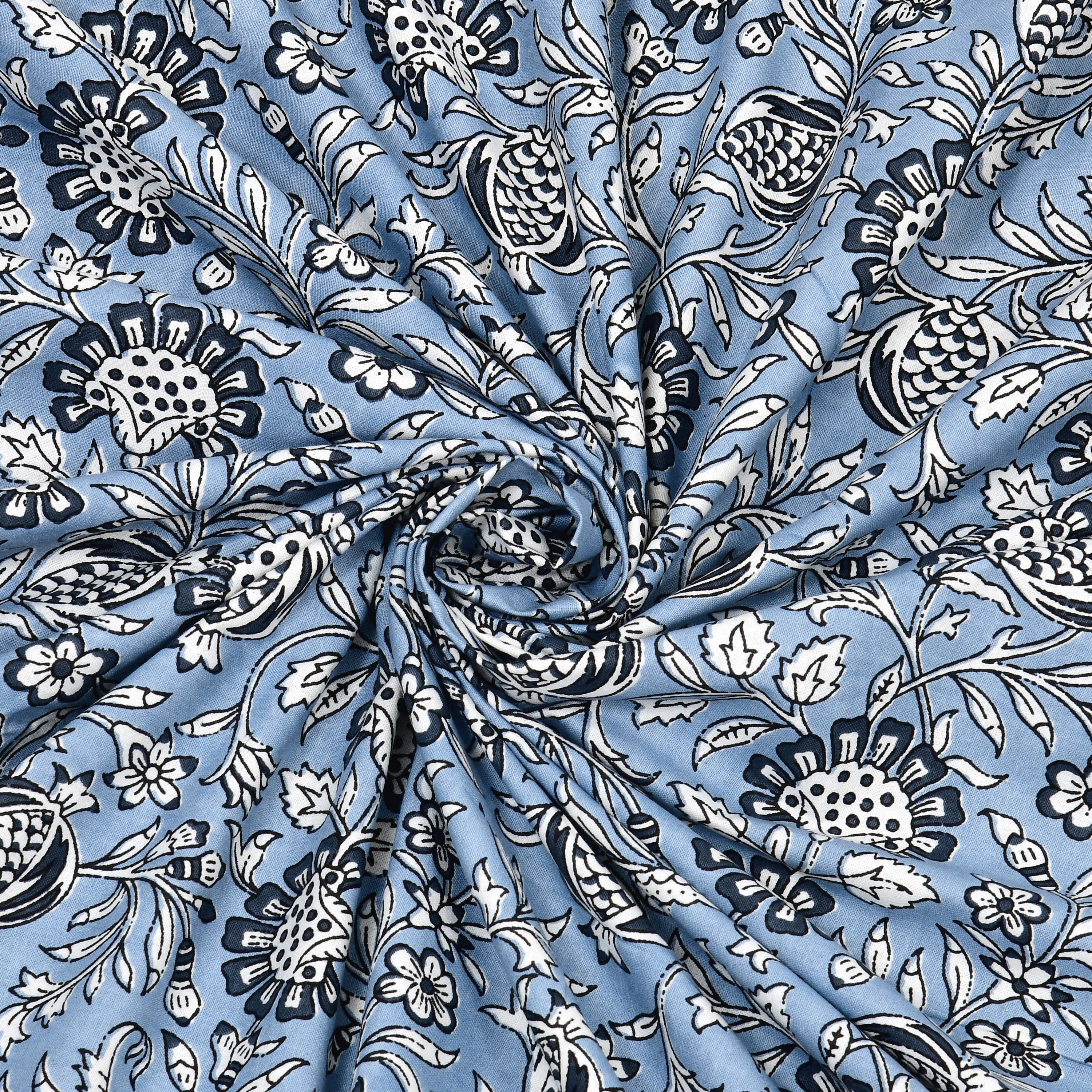 Floral Block-Printed Cotton Single Bedsheet- Blue (Pack of 2)