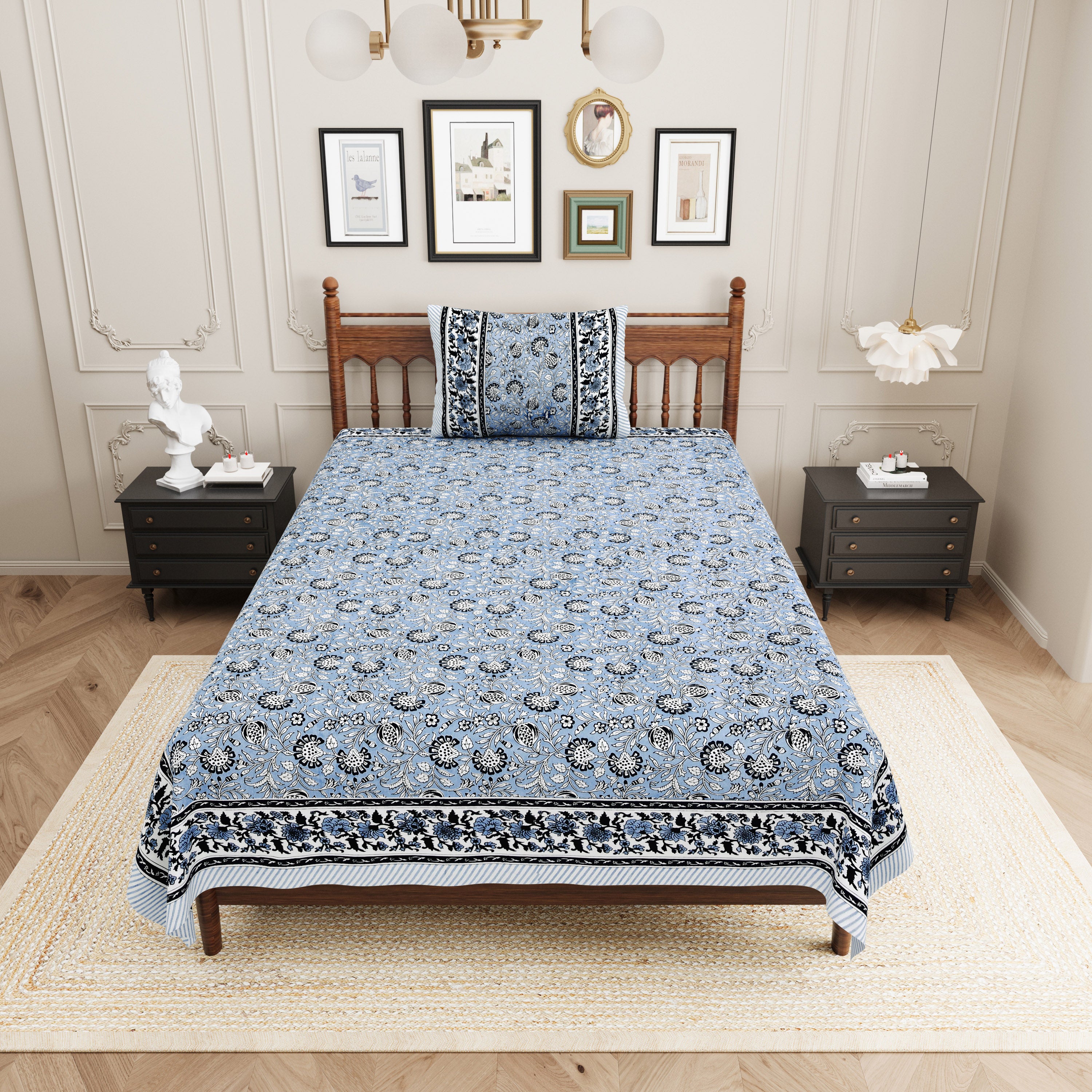 Floral Block-Printed Cotton Single Bedsheet- Blue (Pack of 2)