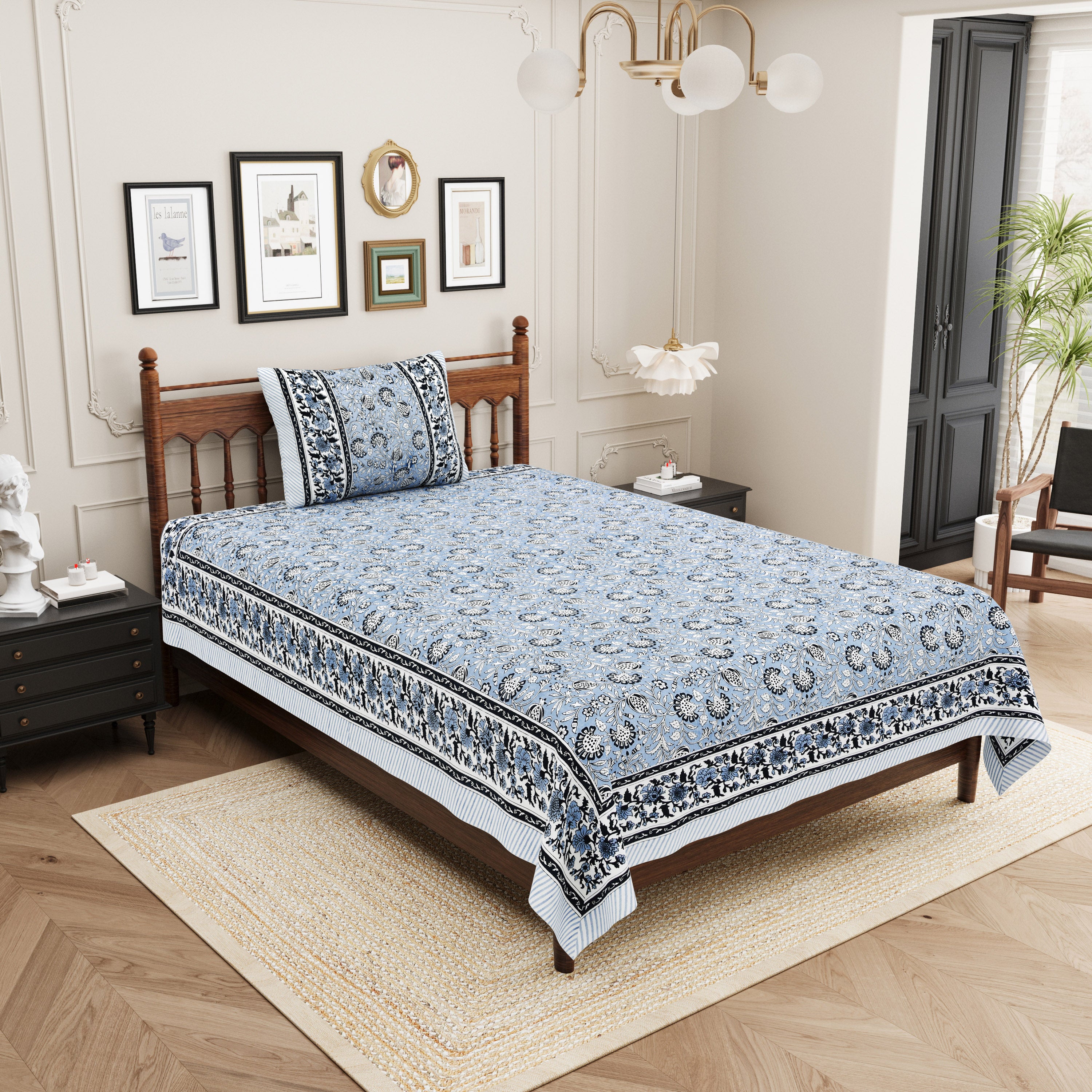 Floral Block-Printed Cotton Single Bedsheet- Blue (Pack of 2)