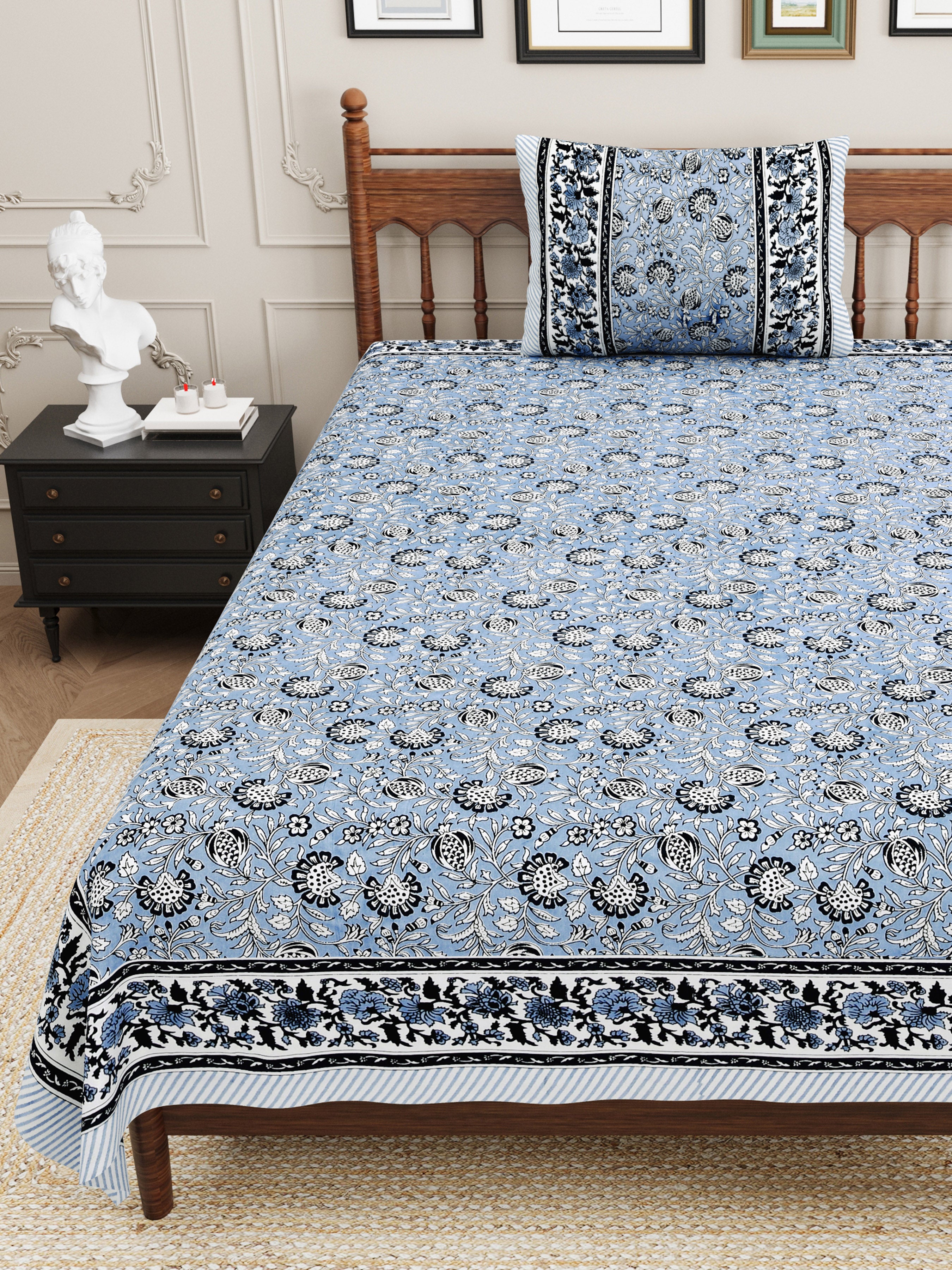 Floral Block-Printed Cotton Single Bedsheet- Blue (Pack of 2)