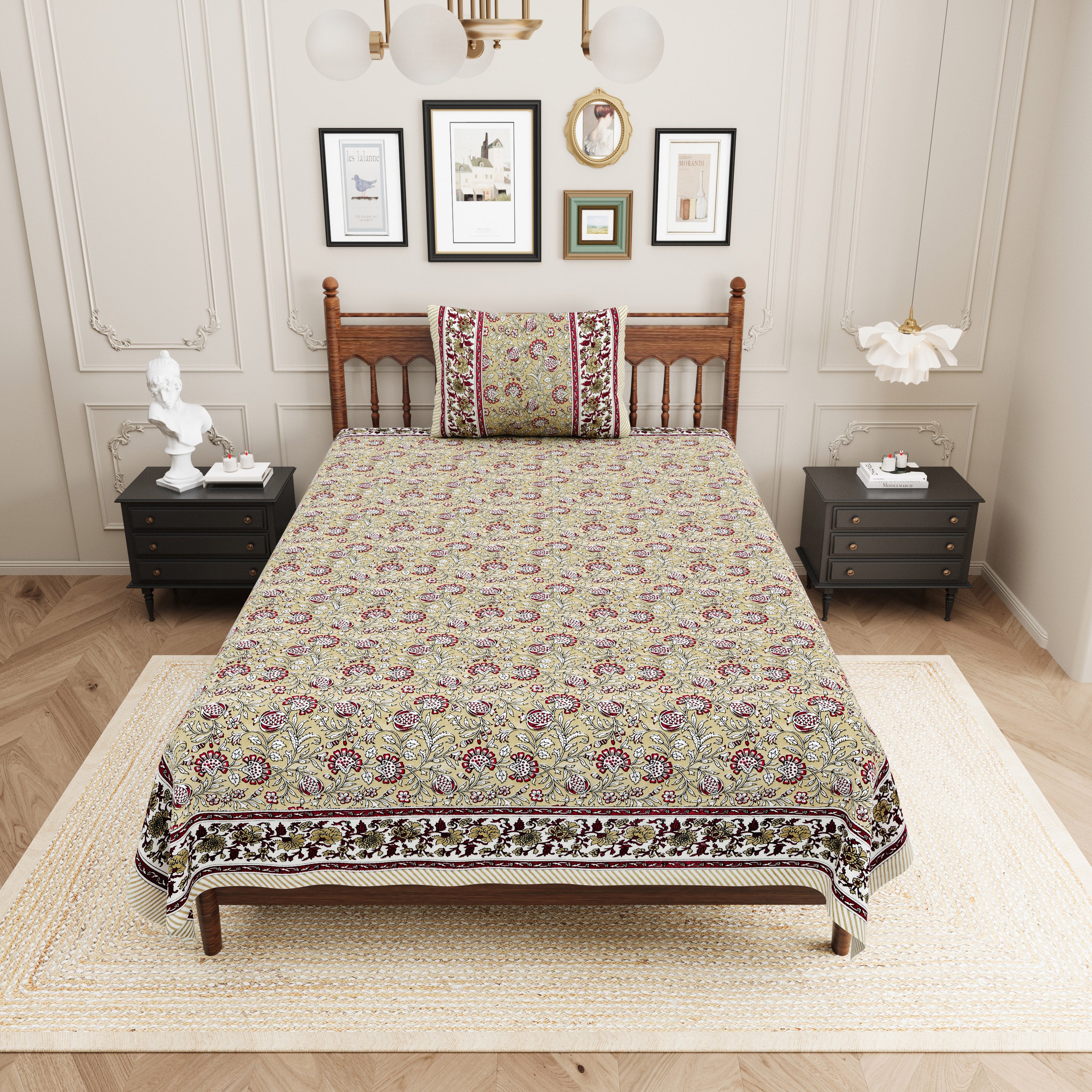 Floral Block-Printed Cotton Single Bedsheet- Mustard Yellow (Pack of 2)
