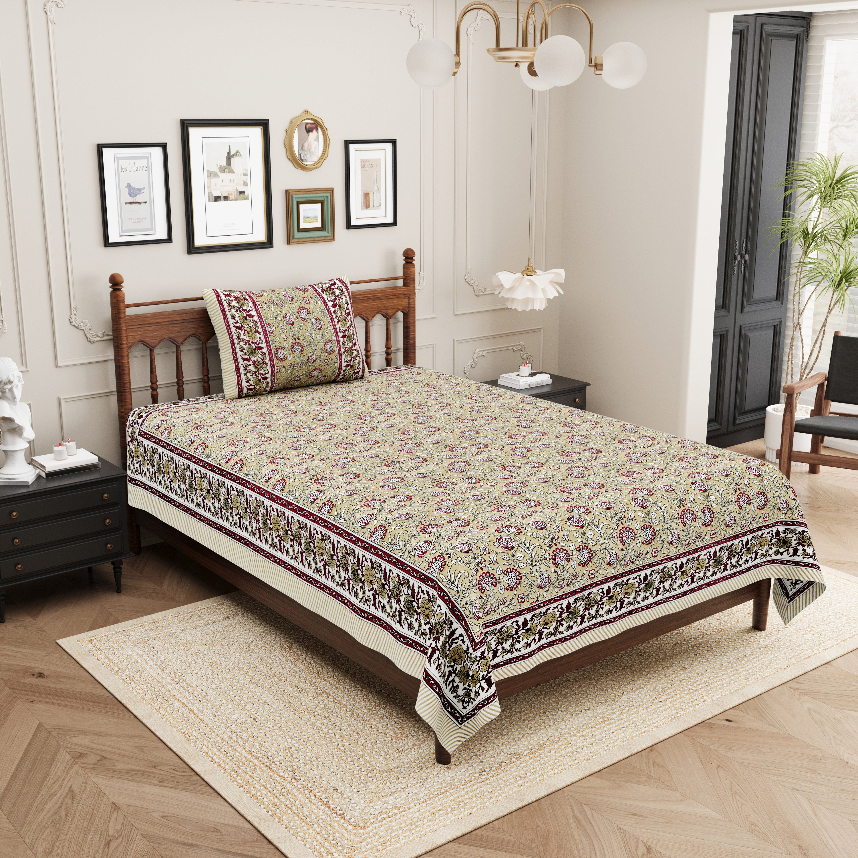 Floral Block-Printed Cotton Single Bedsheet- Mustard Yellow (Pack of 2)