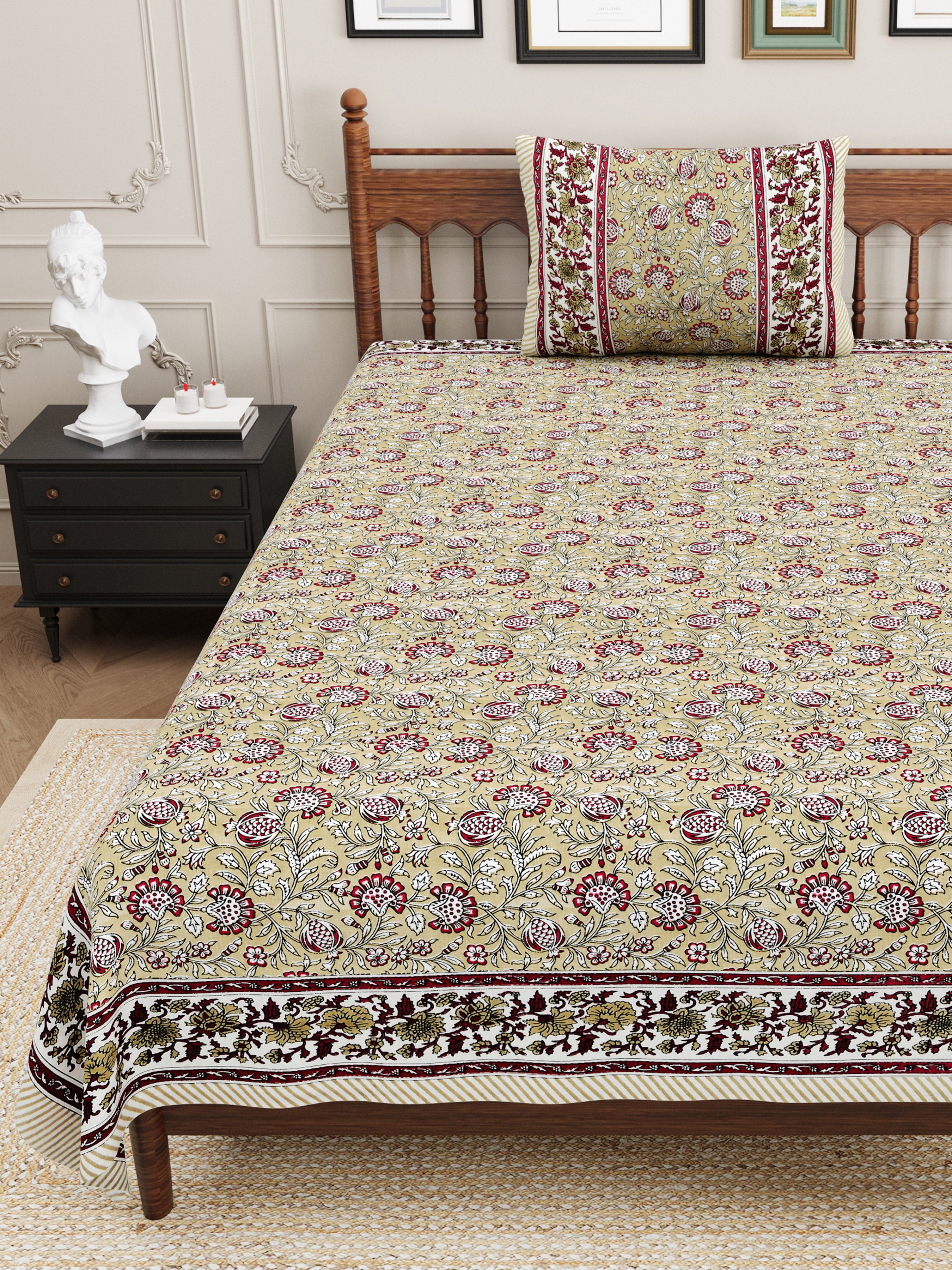 Floral Block-Printed Cotton Single Bedsheet- Mustard Yellow (Pack of 2)