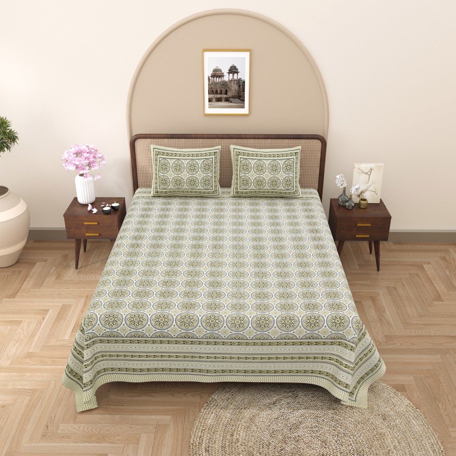 Rajasthani Pure Cotton Chakra Floral Double Bedsheet - Sage Green
