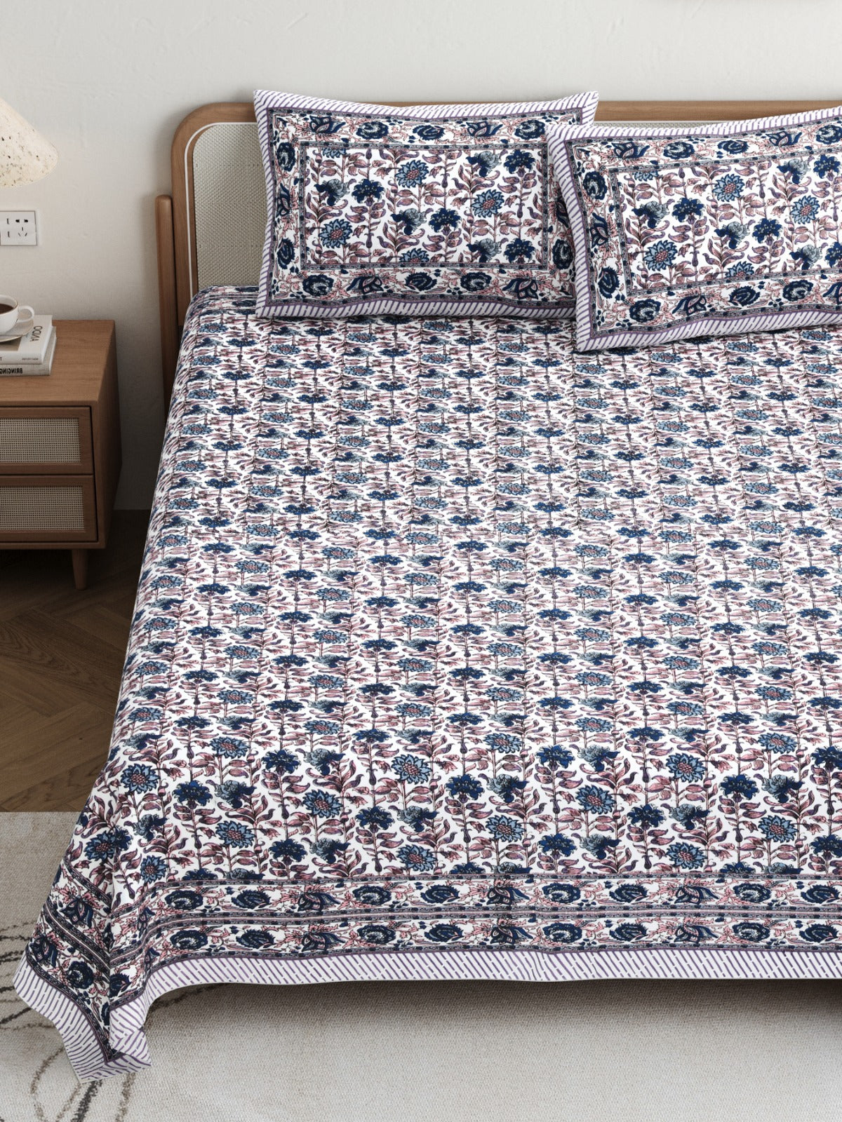 Rajasthani Pure Cotton Floral Double Bedsheet - Purple & Blue