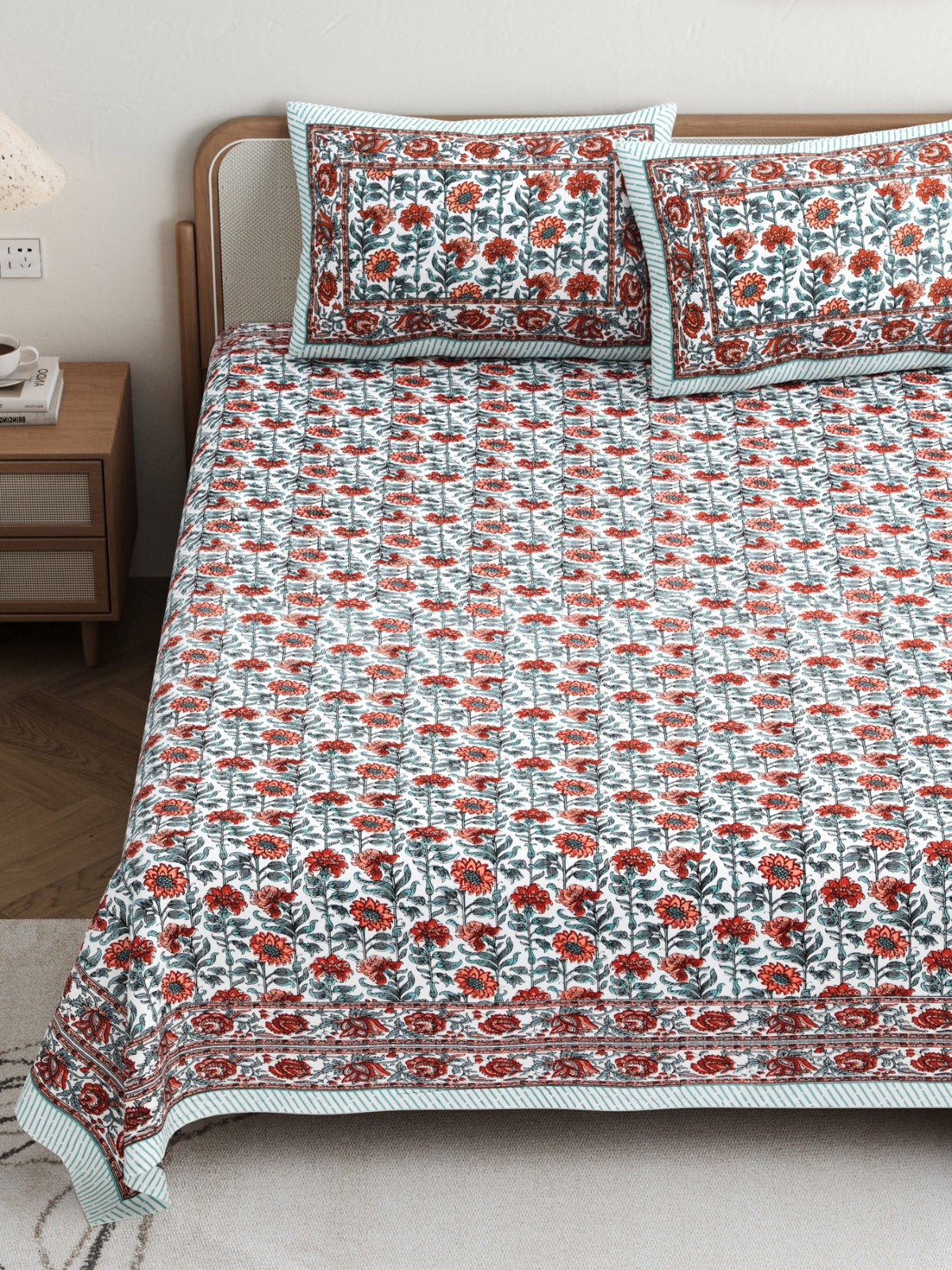 Rajasthani Pure Cotton Floral Double Bedsheet - Red