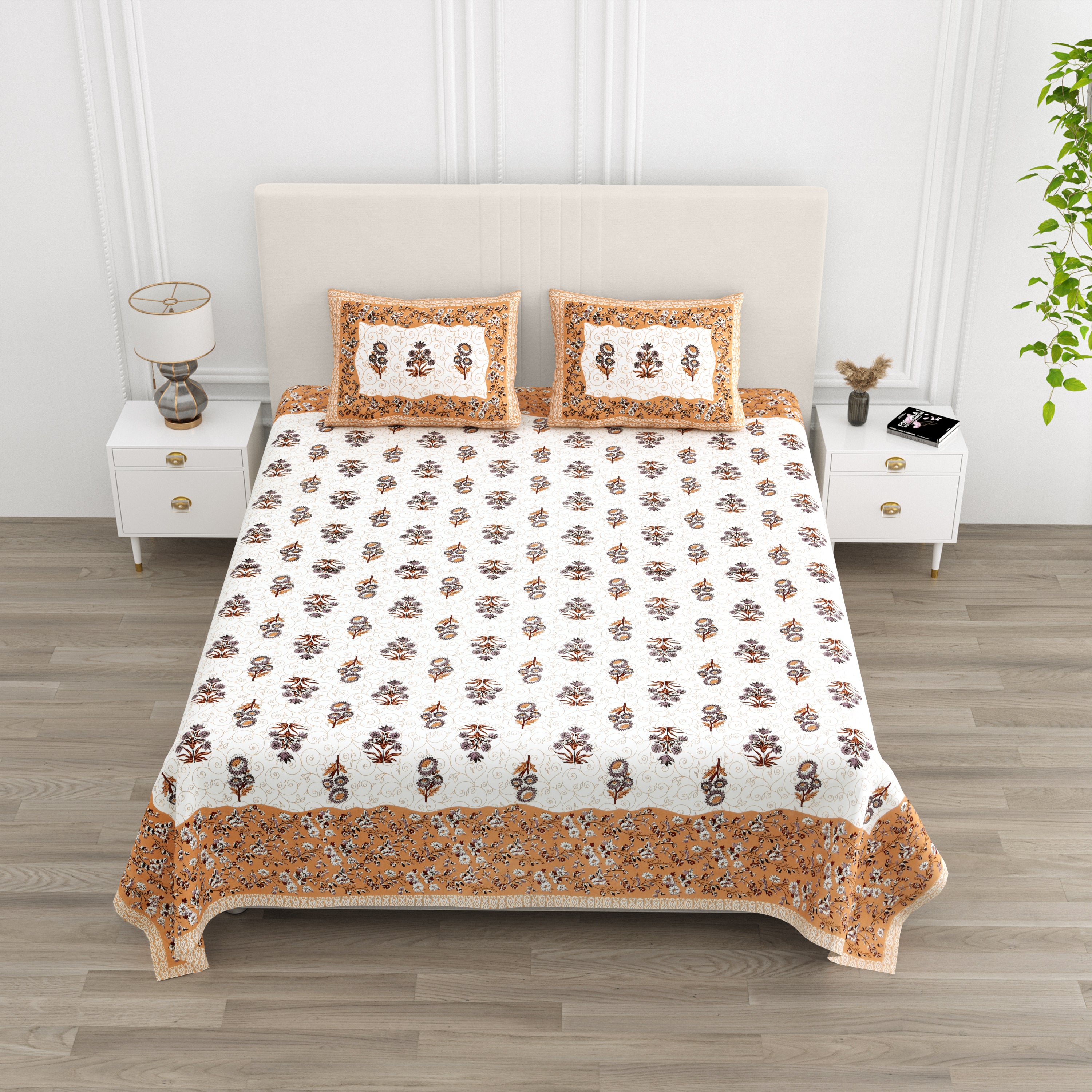 Floral Vines Cotton King Size Bedsheet - Terracotta