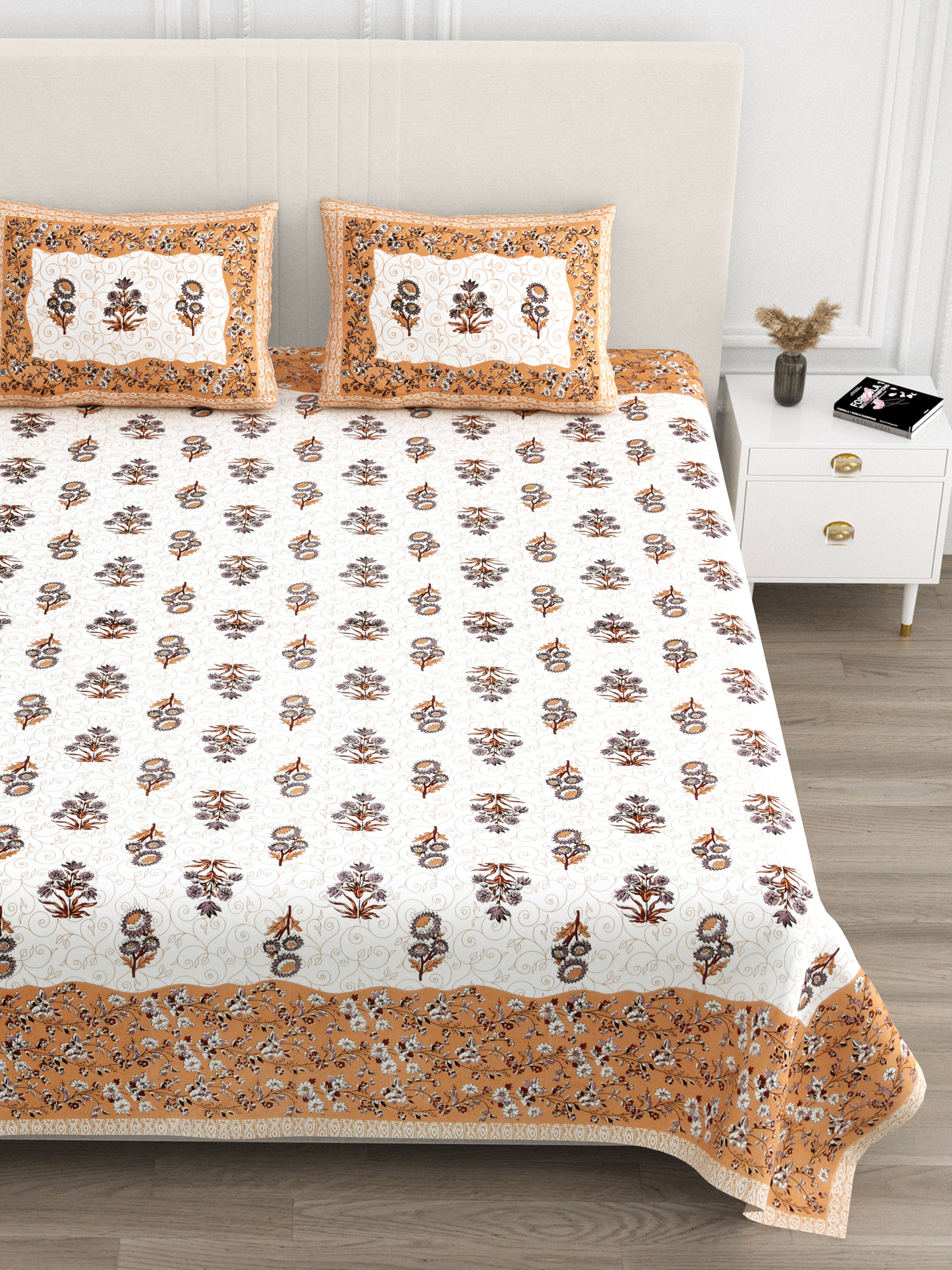 Floral Vines Cotton King Size Bedsheet - Terracotta
