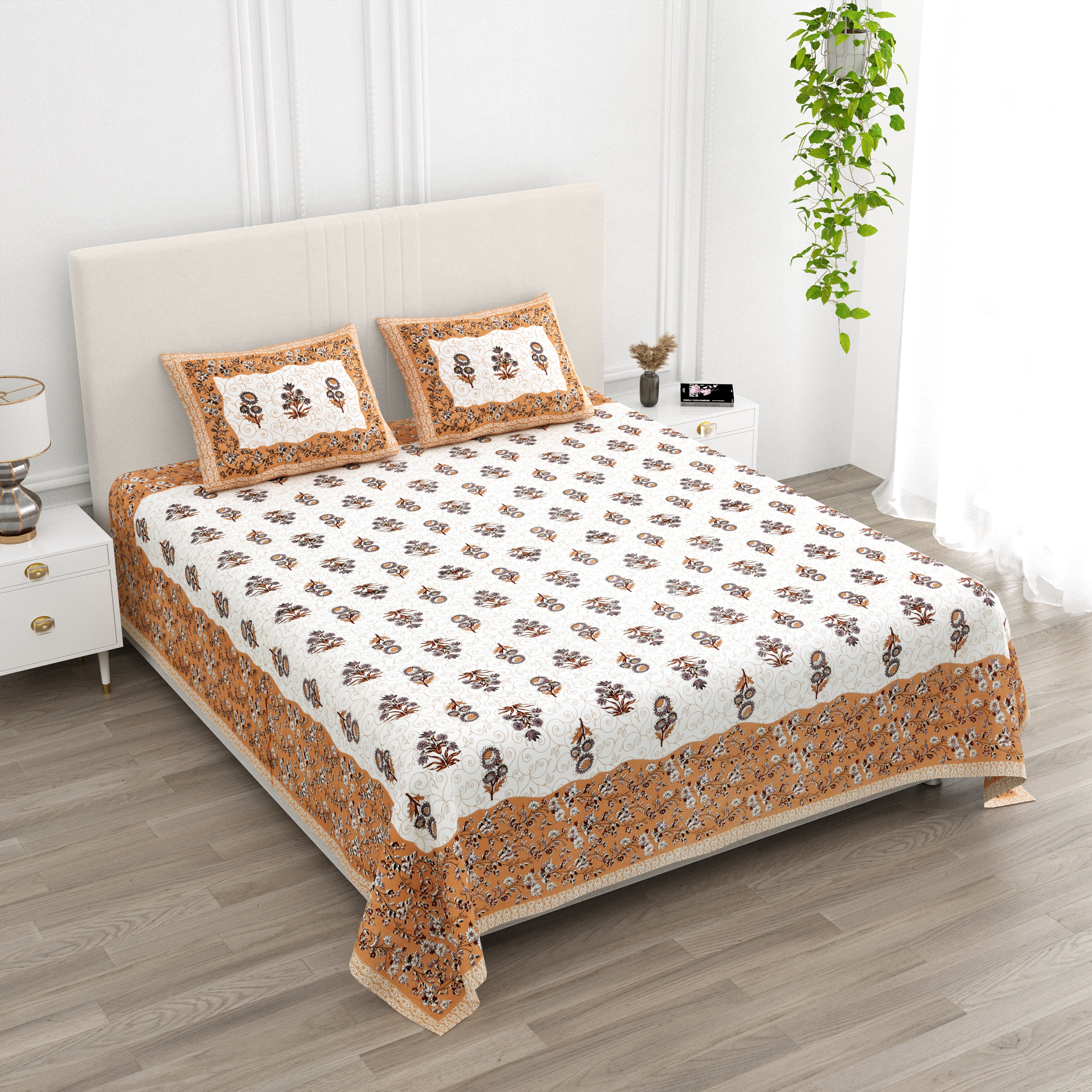 Floral Vines Cotton King Size Bedsheet - Terracotta