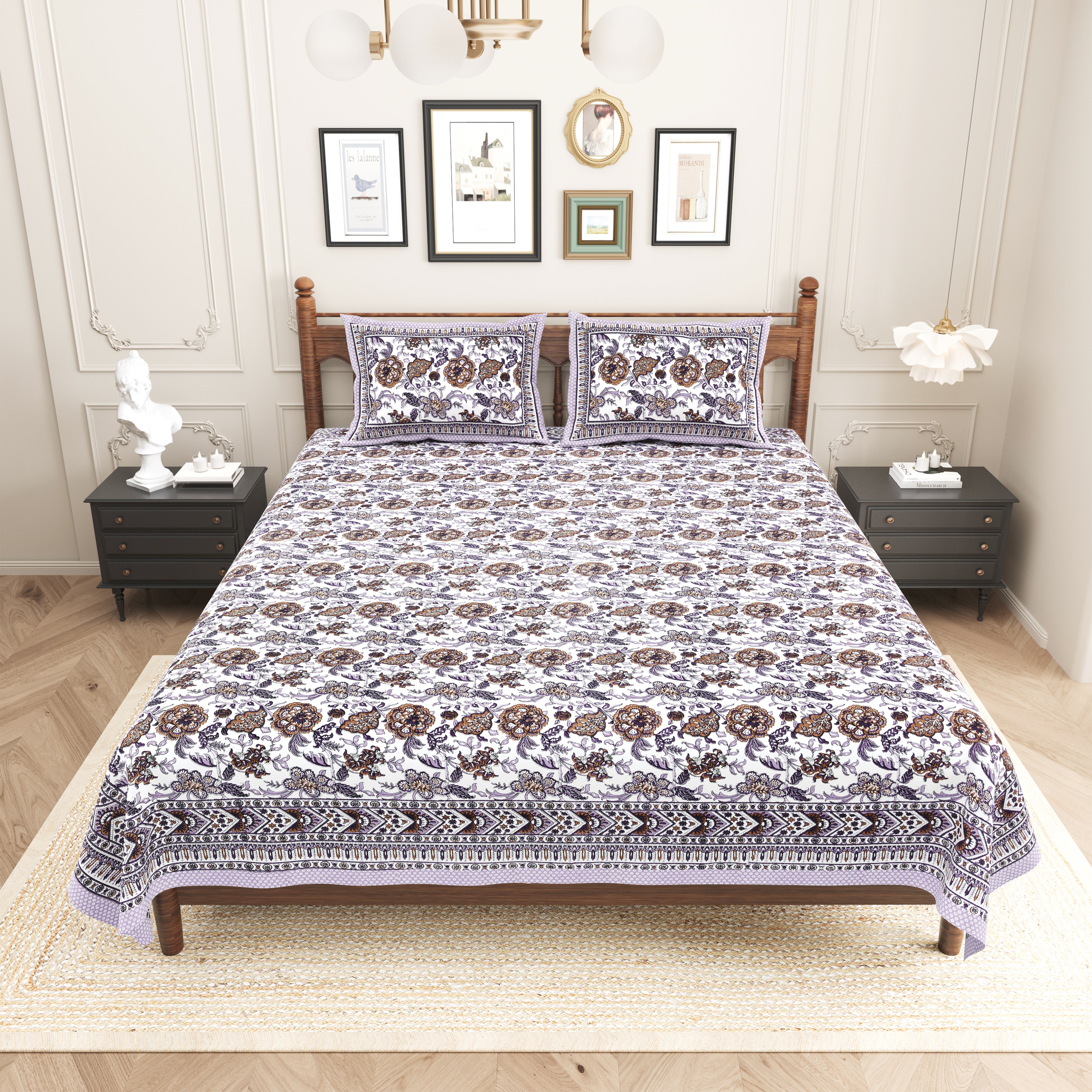 Floral Printed Pure Cotton Bedsheet - Lavender and White