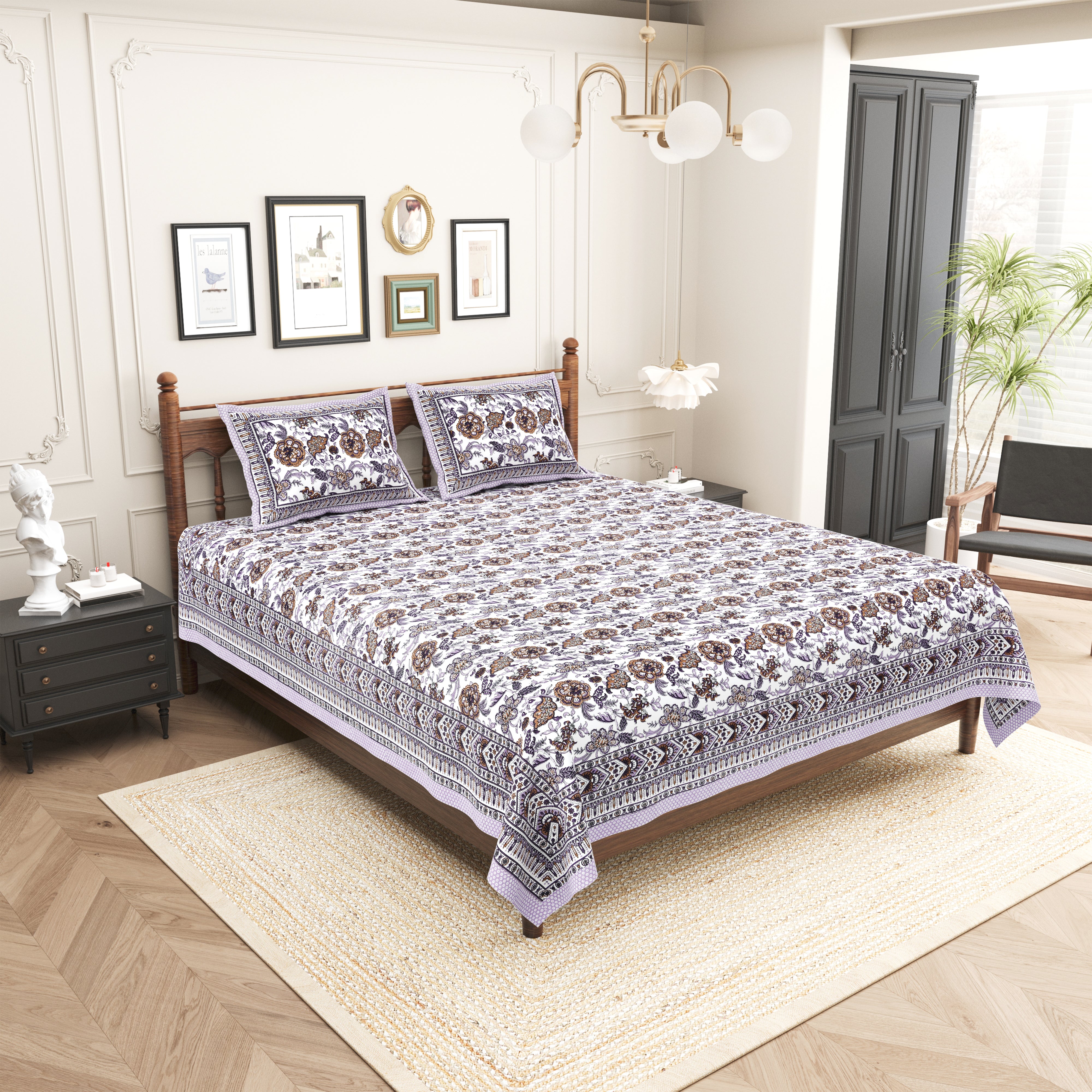 Floral Printed Pure Cotton Bedsheet - Lavender and White