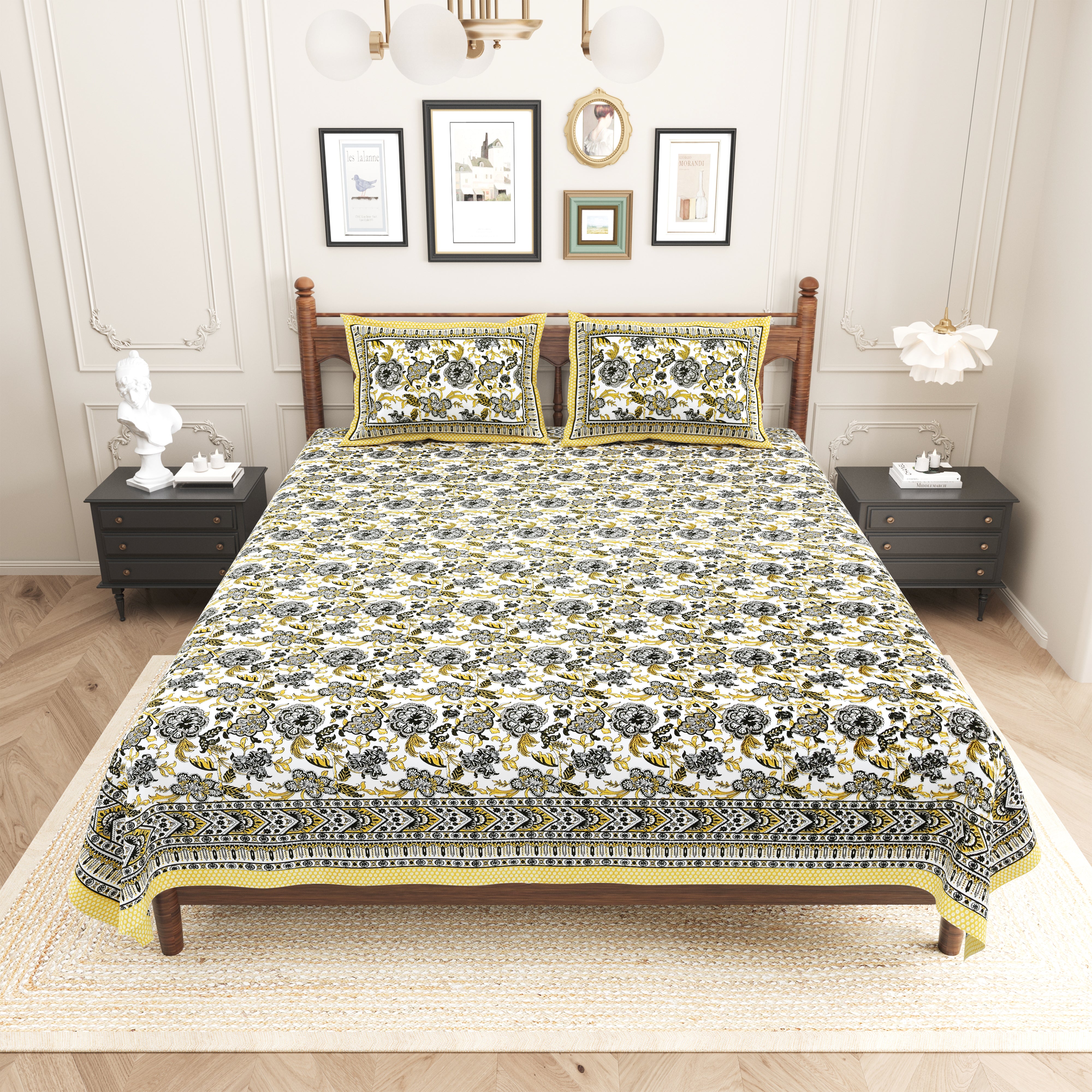 Floral Printed Pure Cotton Bedsheet - Yellow