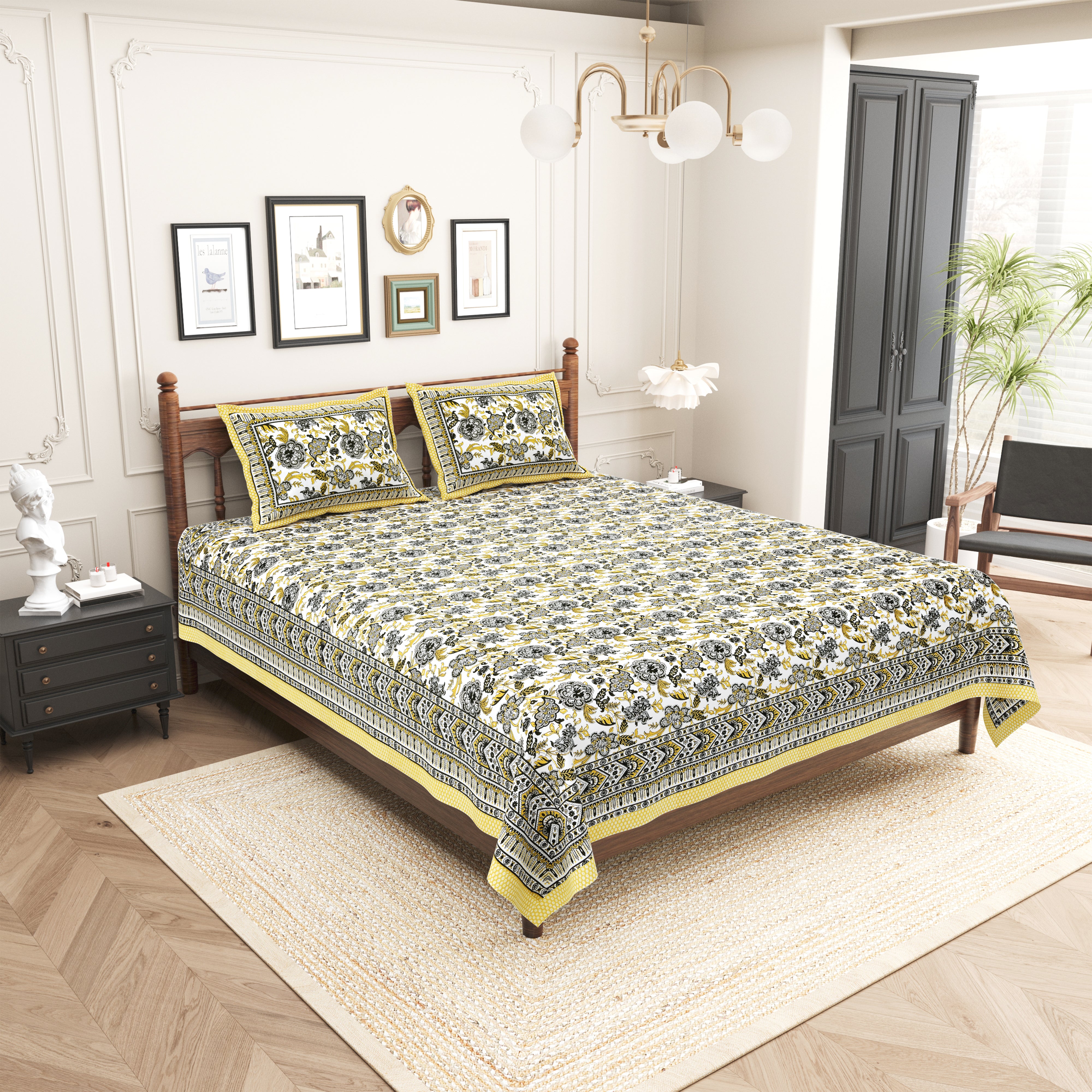 Floral Printed Pure Cotton Bedsheet - Yellow