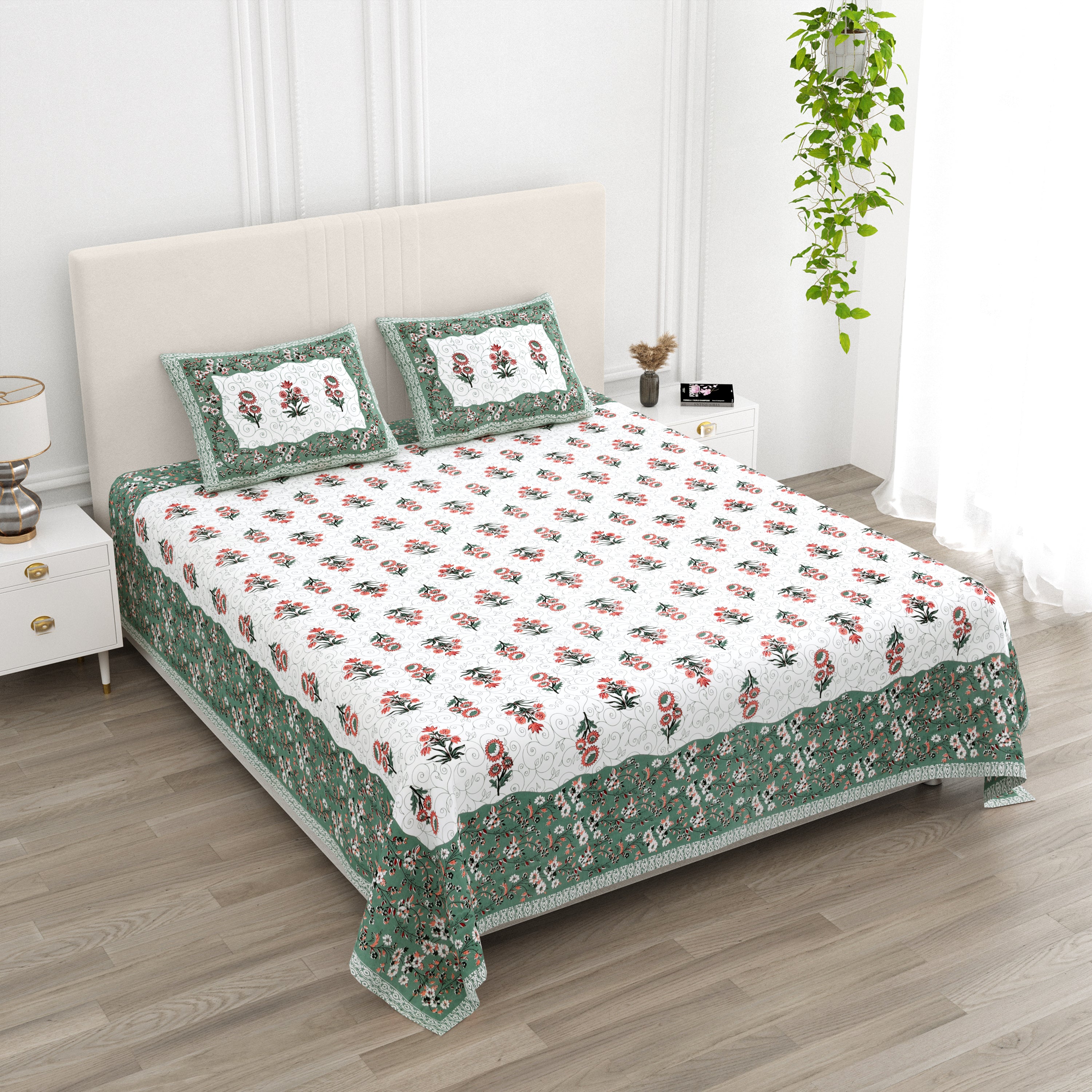 Floral Vines Cottn King Size Bedsheet - Dark Green