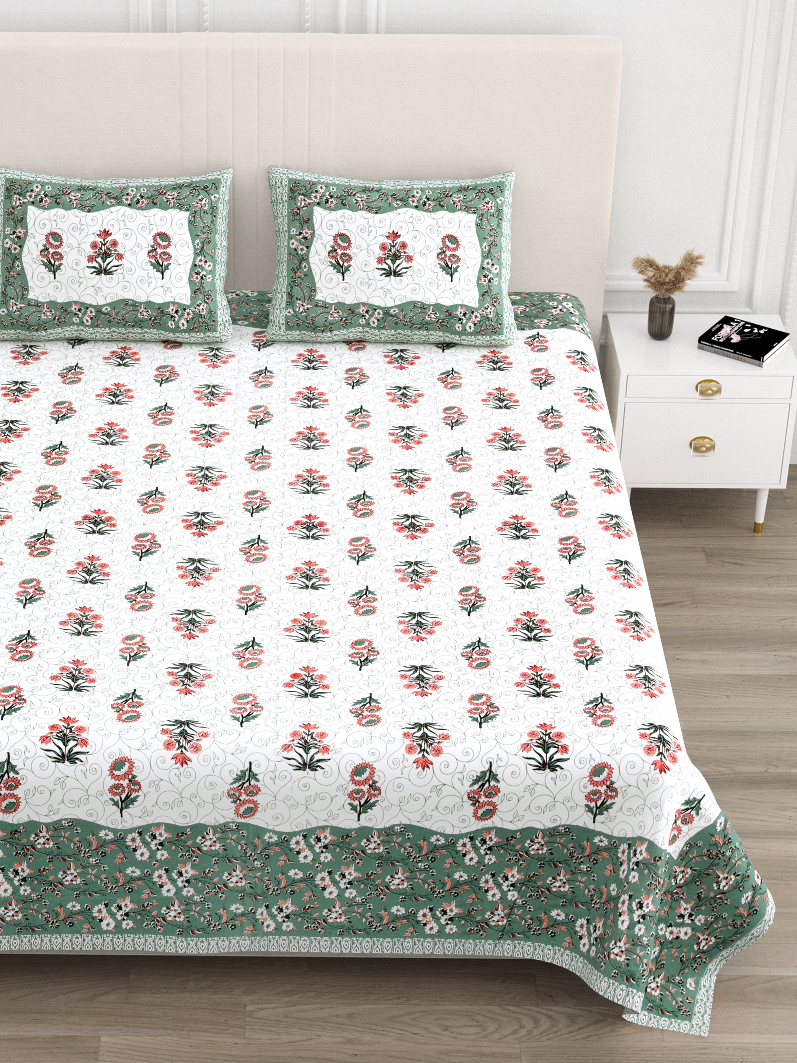 Floral Vines Cottn King Size Bedsheet - Dark Green