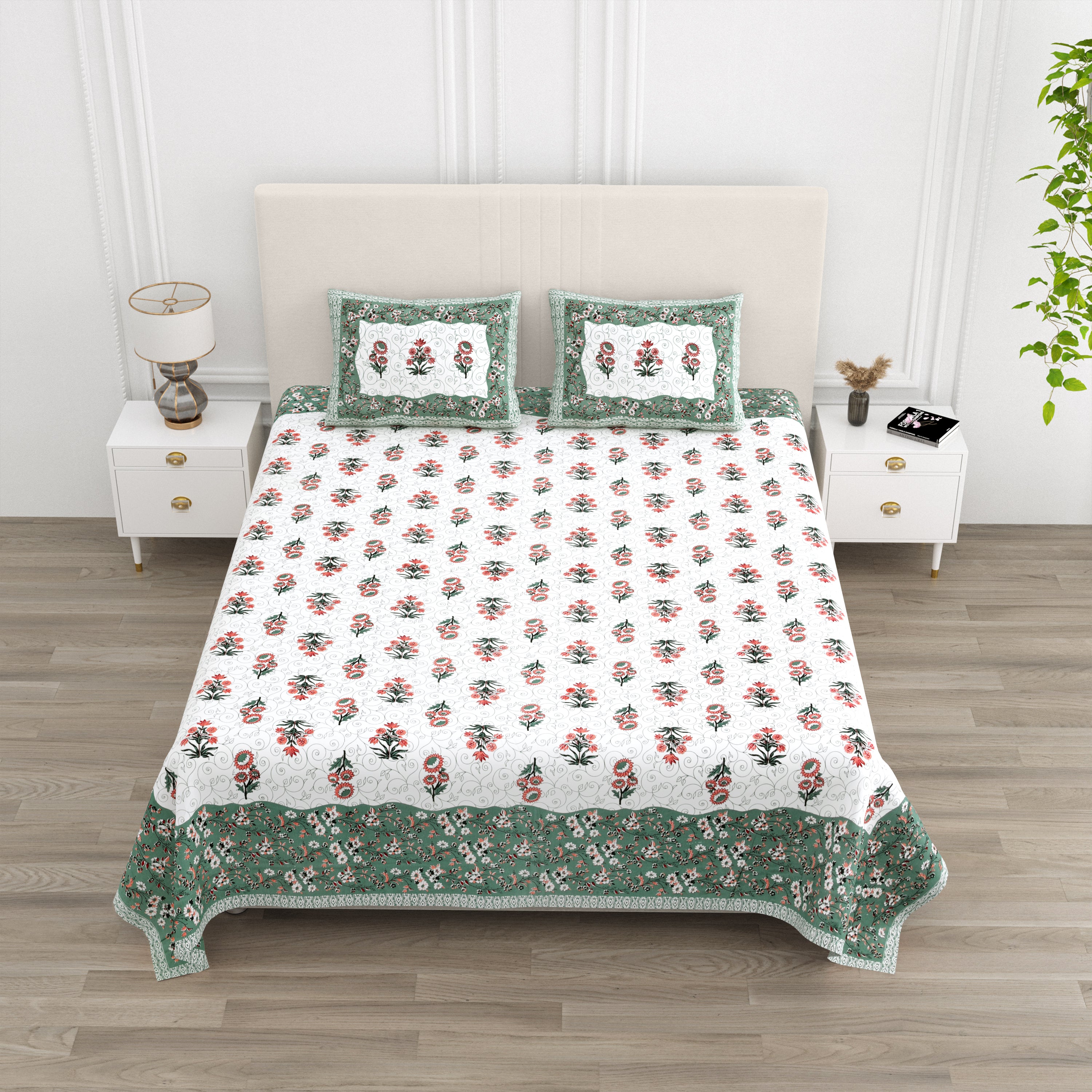 Floral Vines Cottn King Size Bedsheet - Dark Green