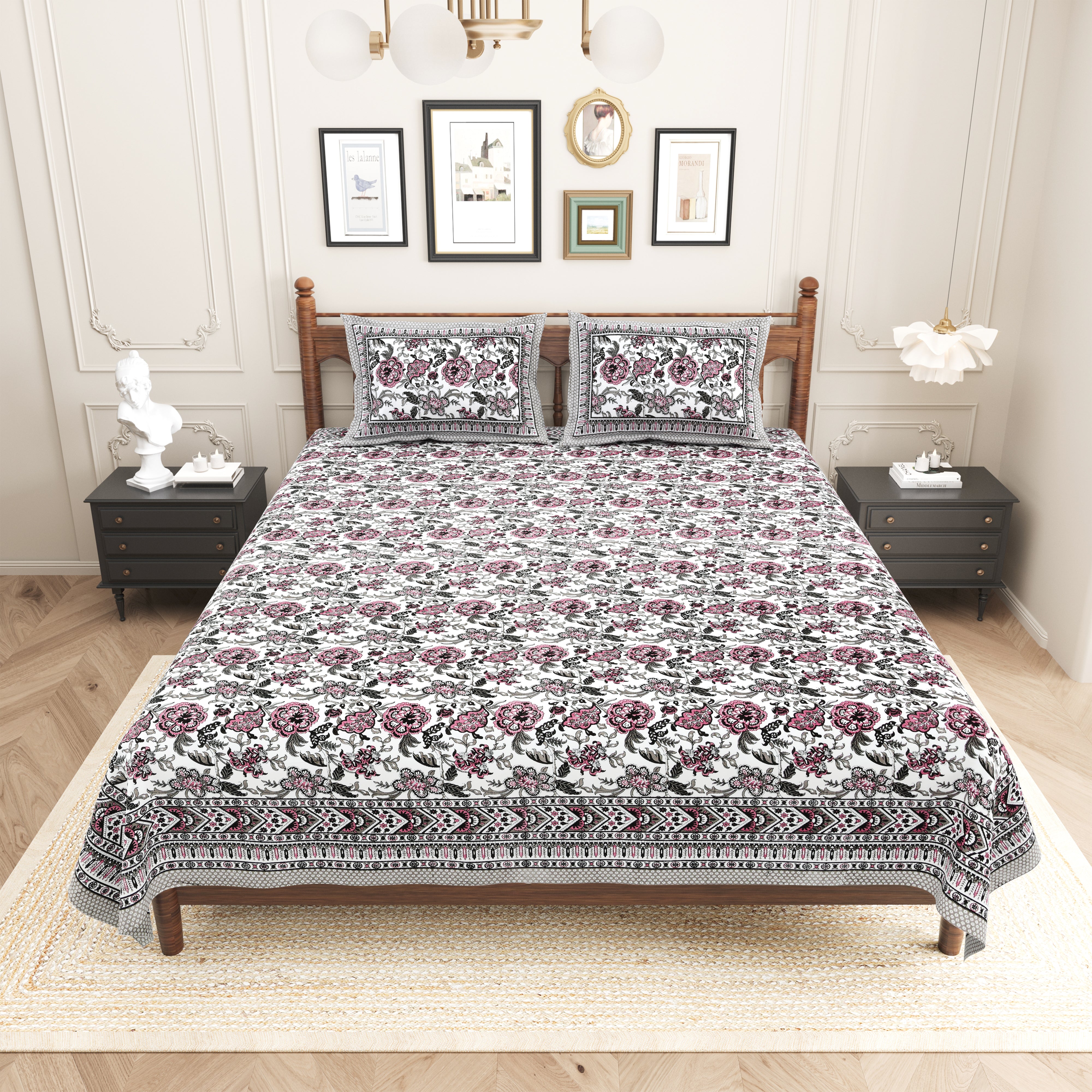 Floral Printed Pure Cotton  Bedsheet - White