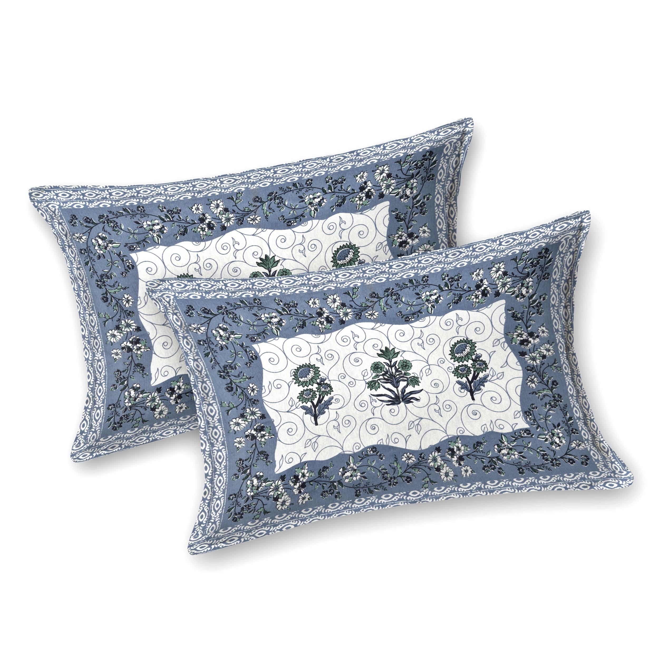Floral Vines Cotton King Size Bedsheet - Muted Blue