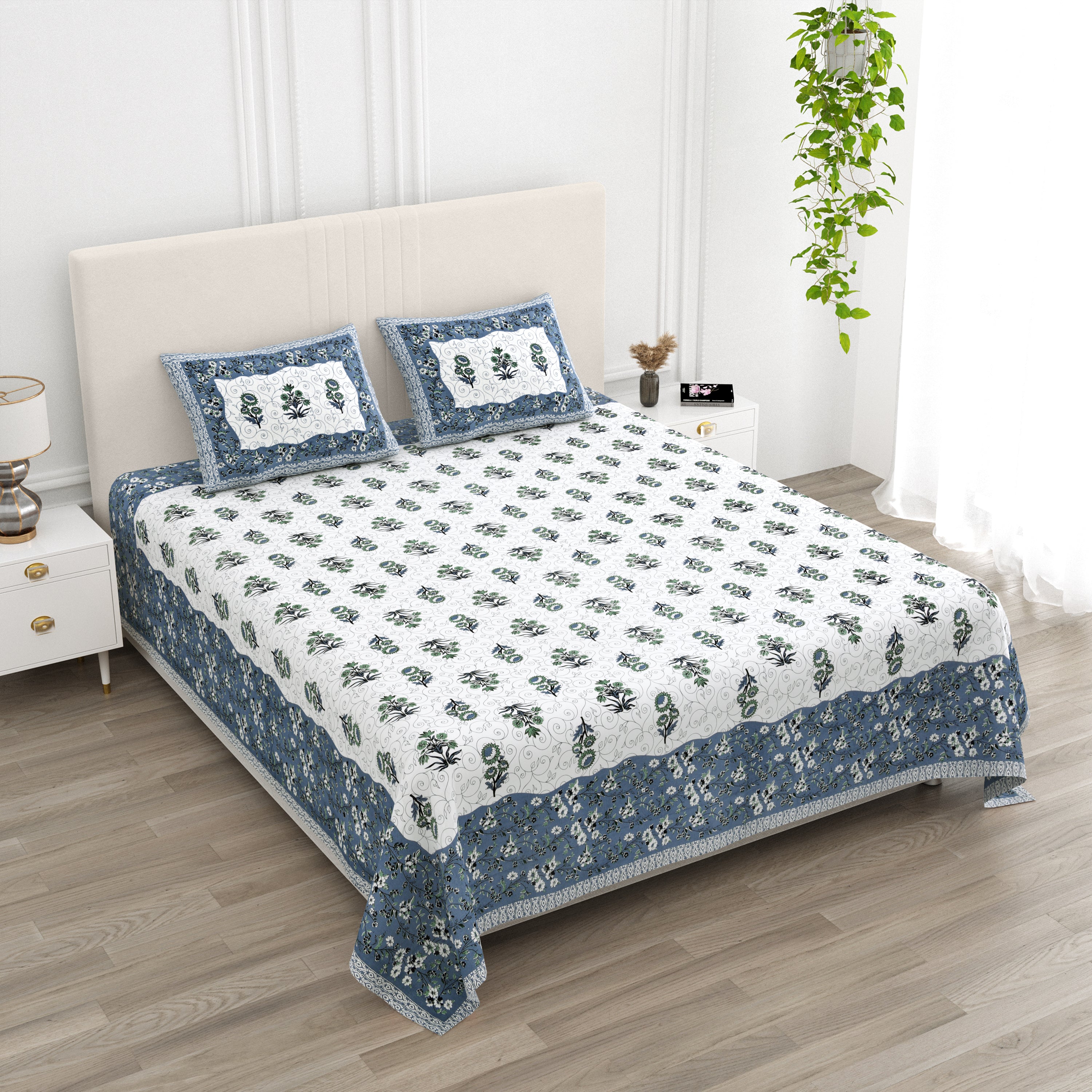 Floral Vines Cotton King Size Bedsheet - Muted Blue