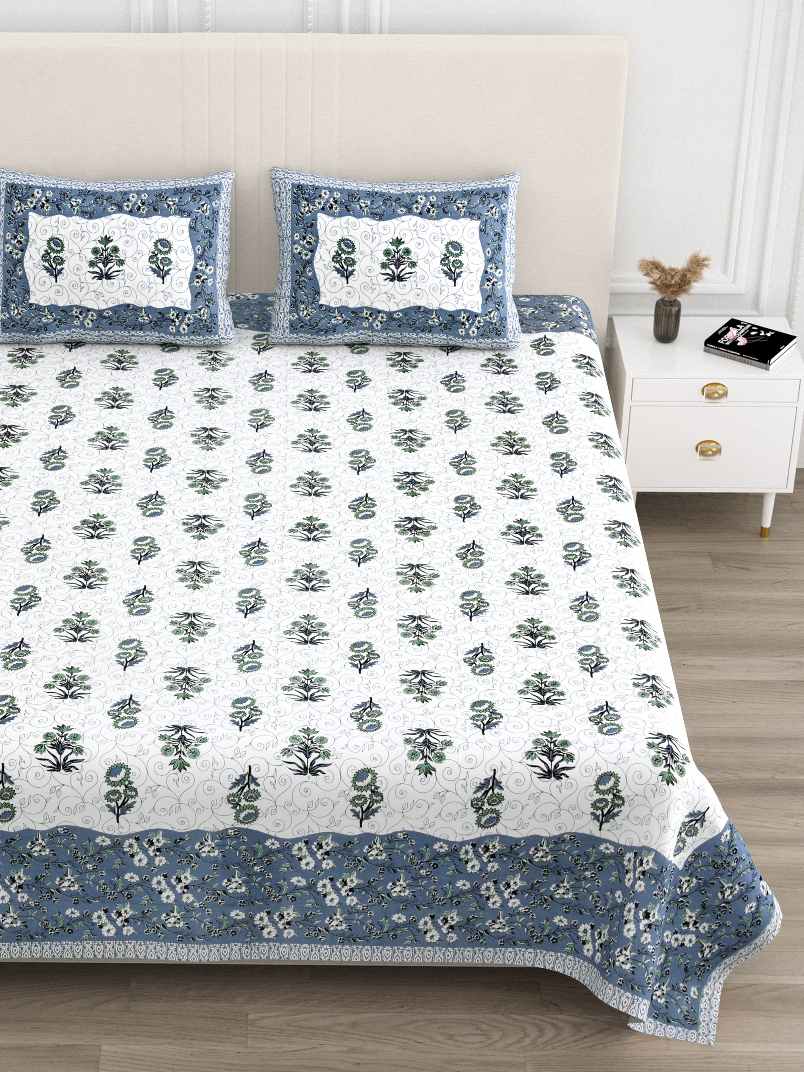 Floral Vines Cotton King Size Bedsheet - Muted Blue