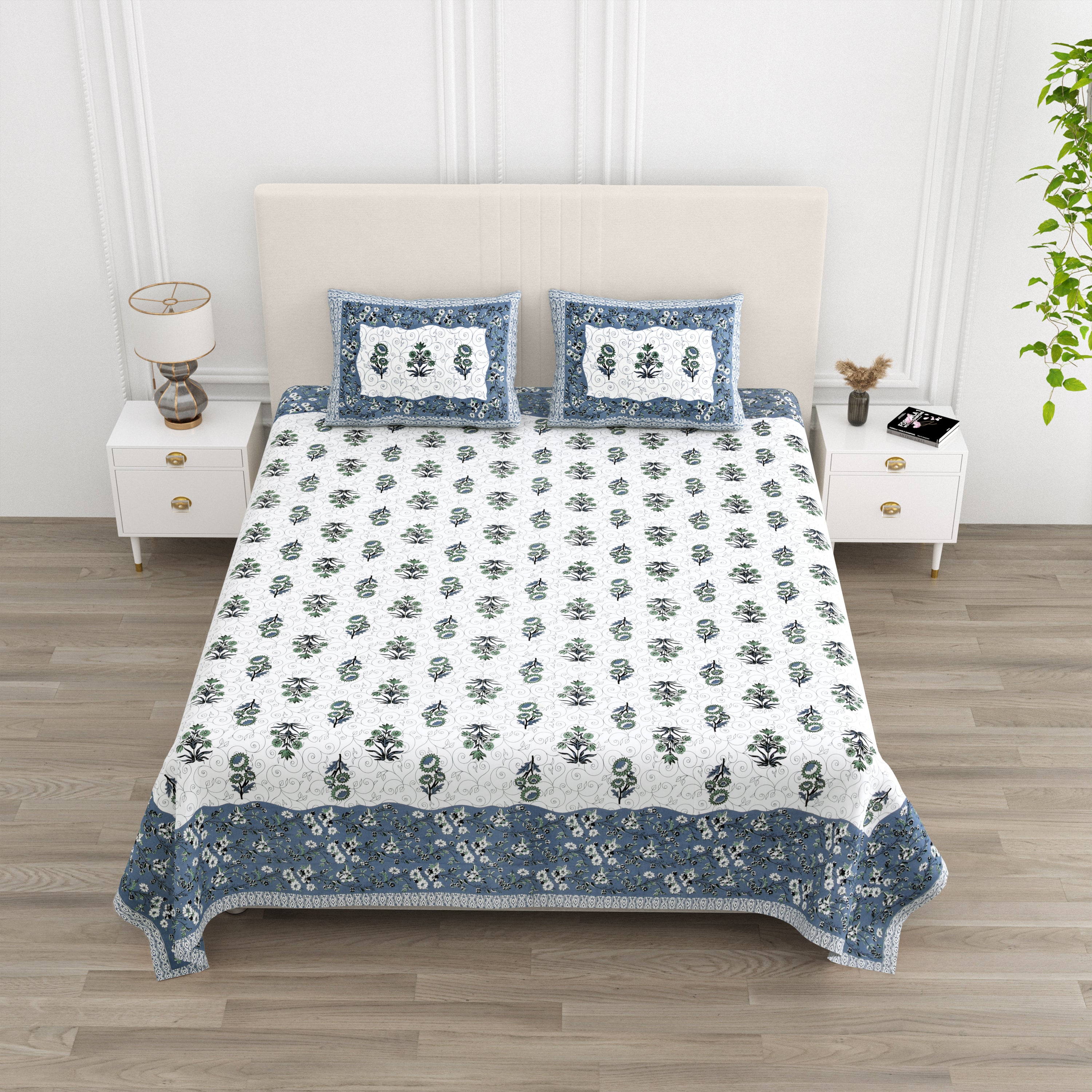 Floral Vines Cotton King Size Bedsheet - Muted Blue