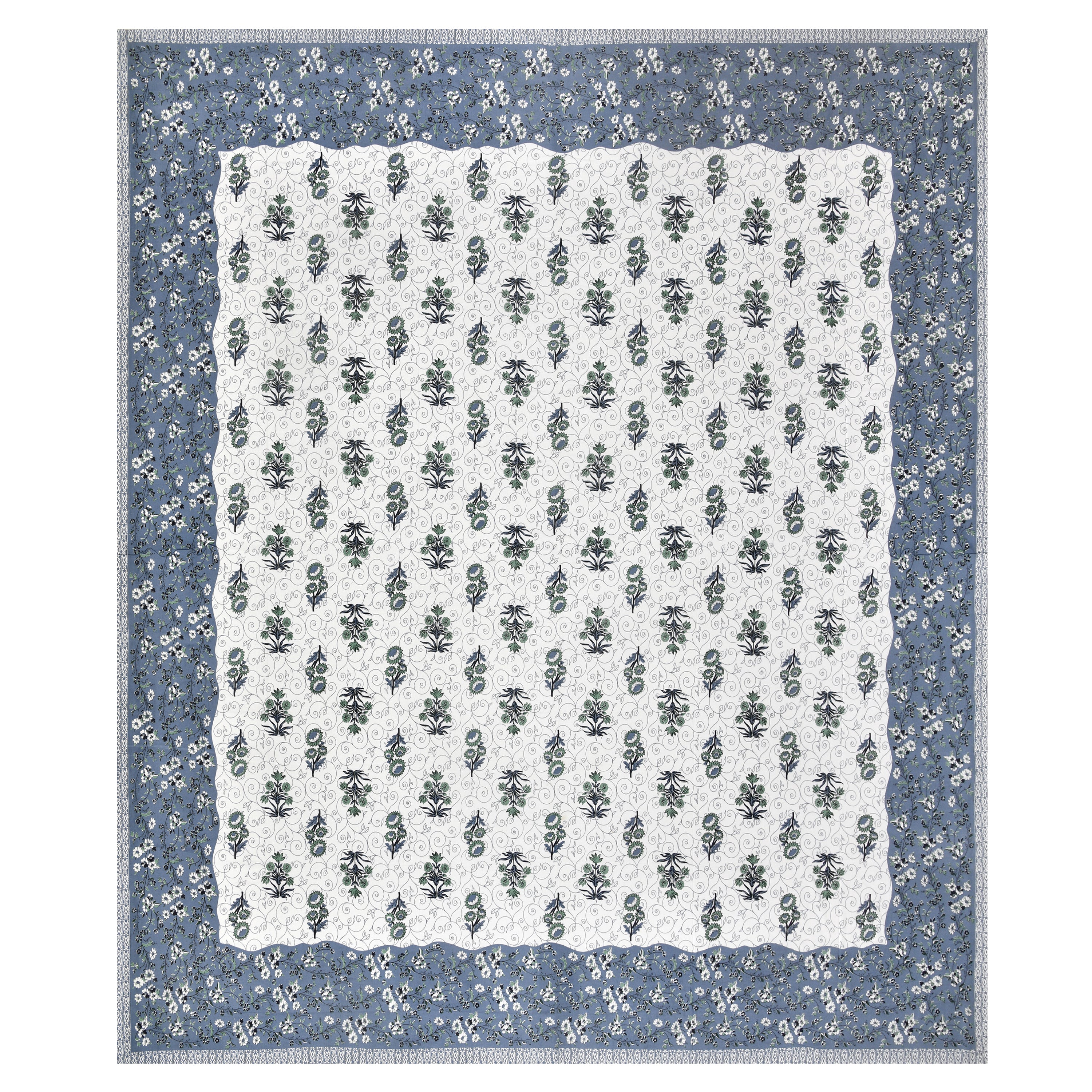 Floral Vines Cotton King Size Bedsheet - Muted Blue