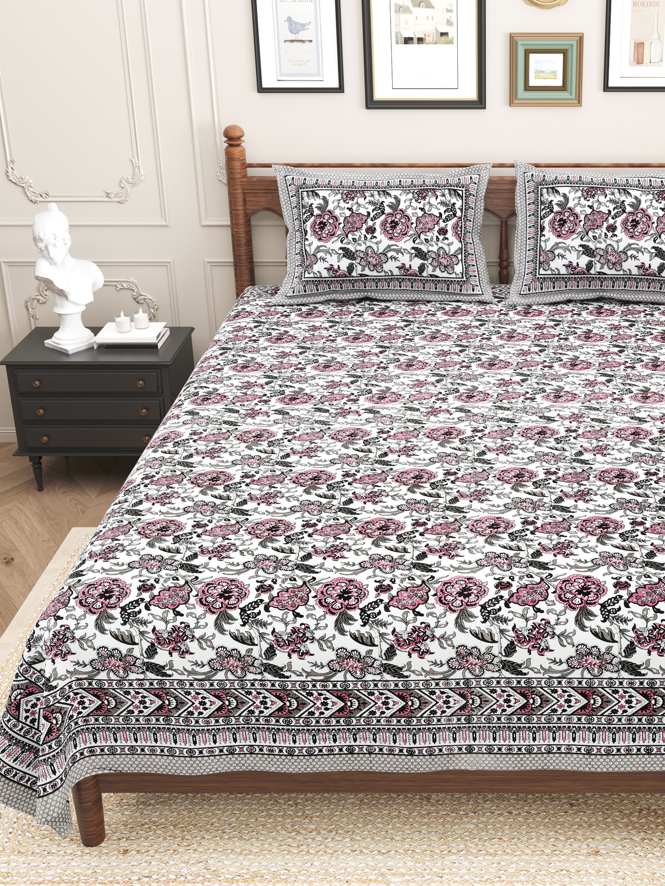 Floral Printed Pure Cotton  Bedsheet - White