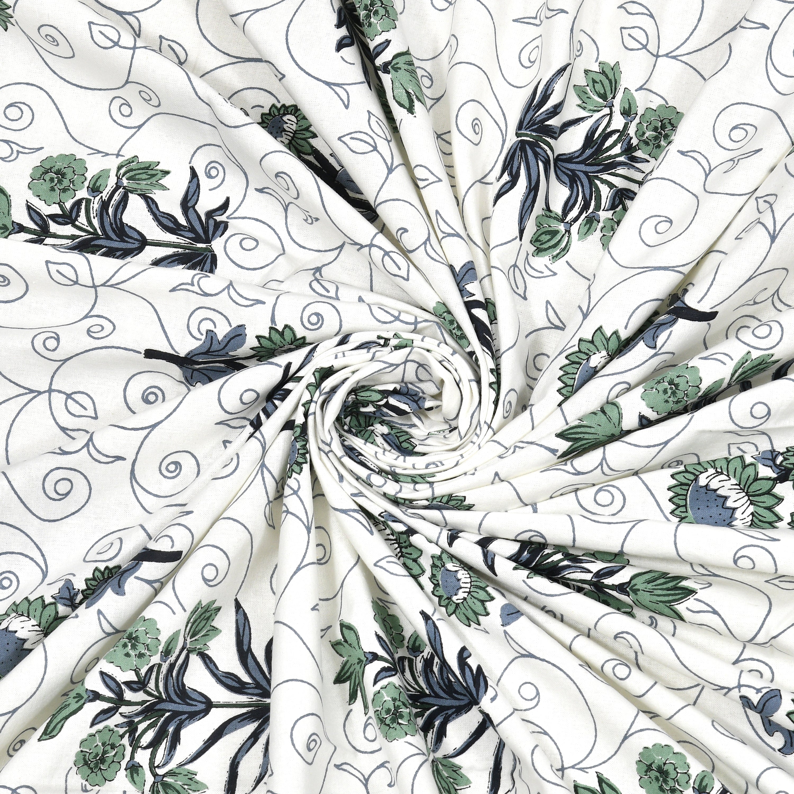 Floral Vines Cotton King Size Bedsheet - Muted Blue
