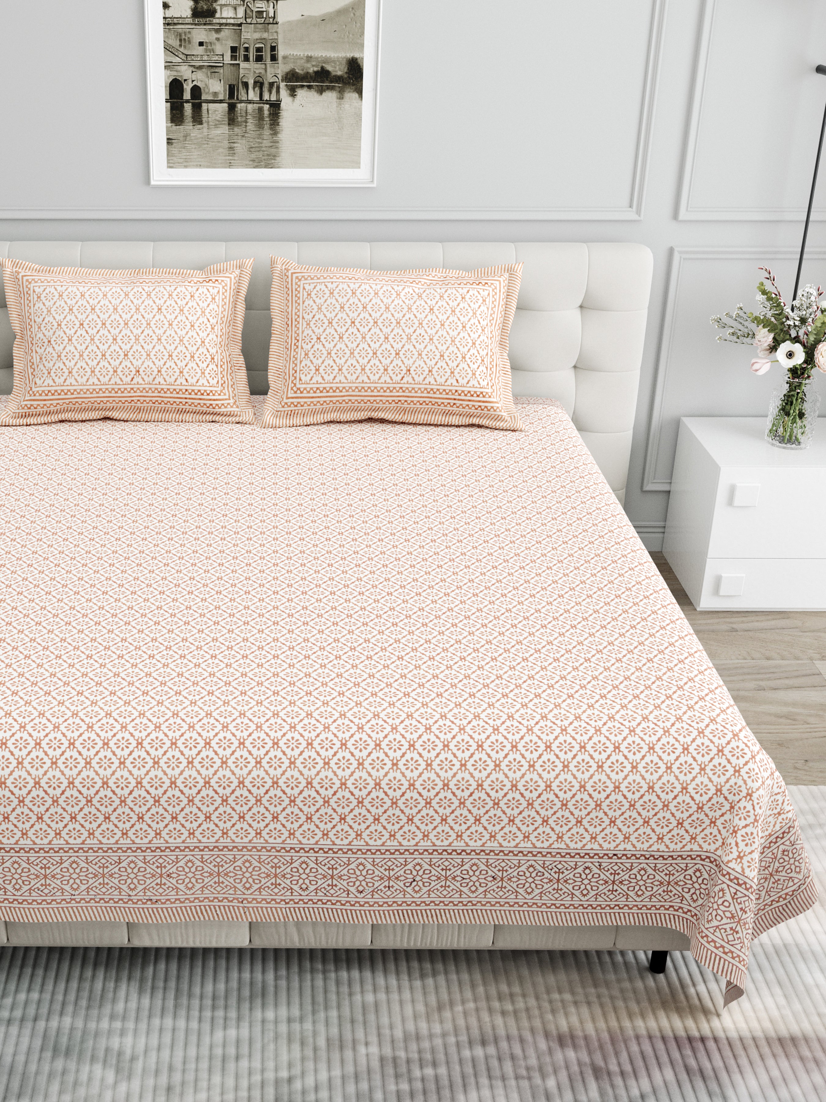 Basic Floral Cotton King Size Bedsheet- Beige