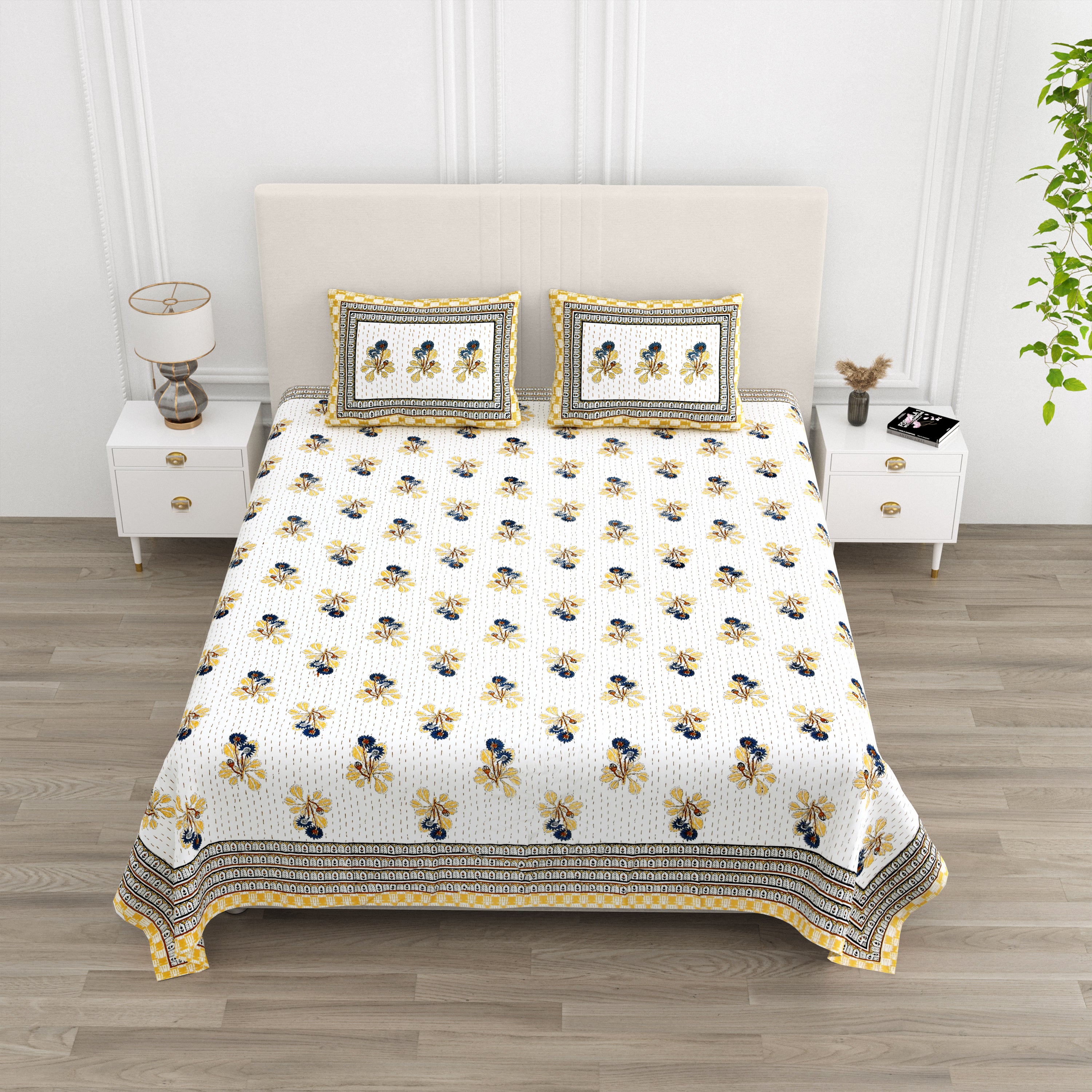 Running Stiches Pure Cotton Bedsheet - Mustard Yellow