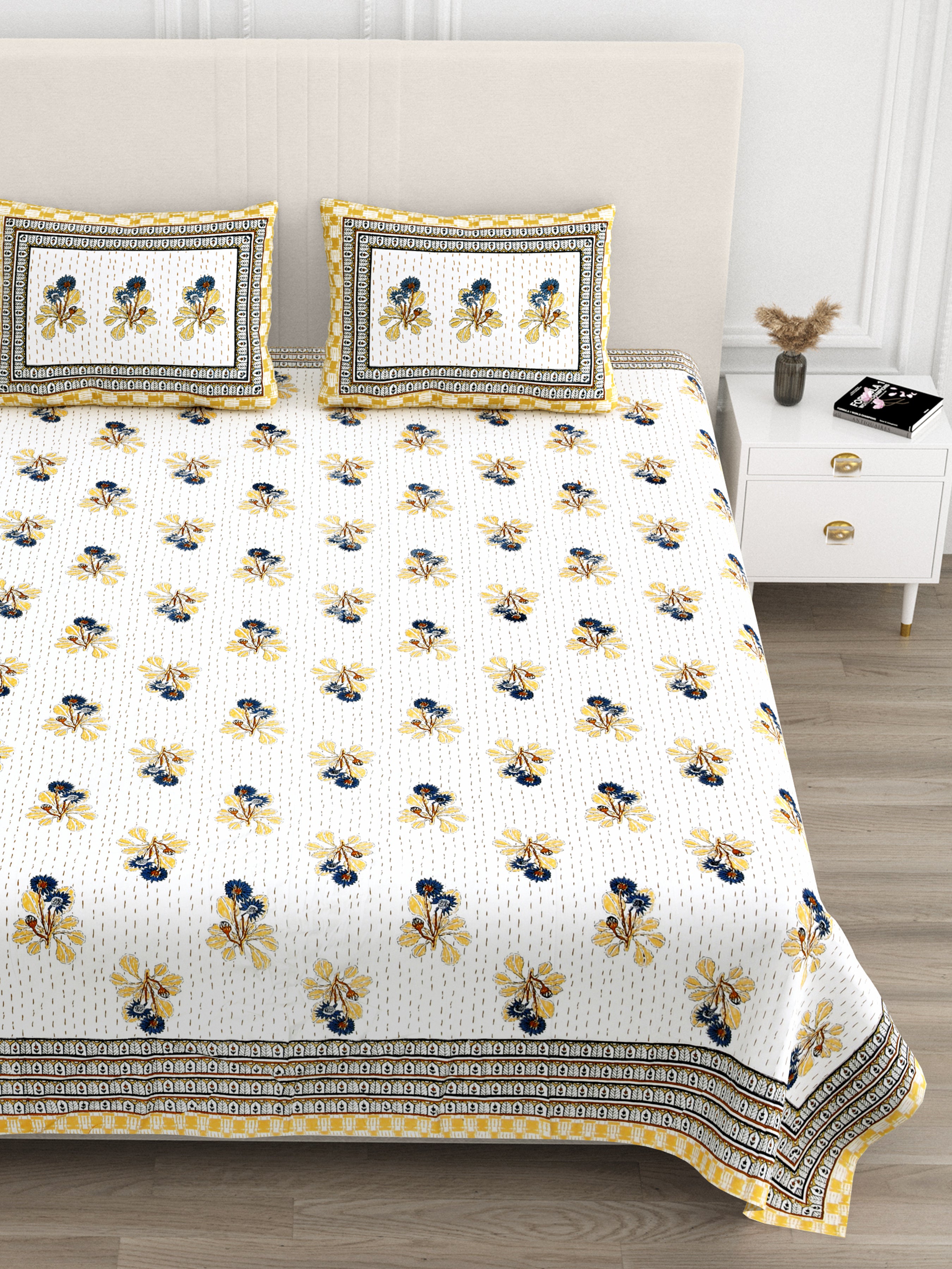 Running Stiches Pure Cotton Bedsheet - Mustard Yellow